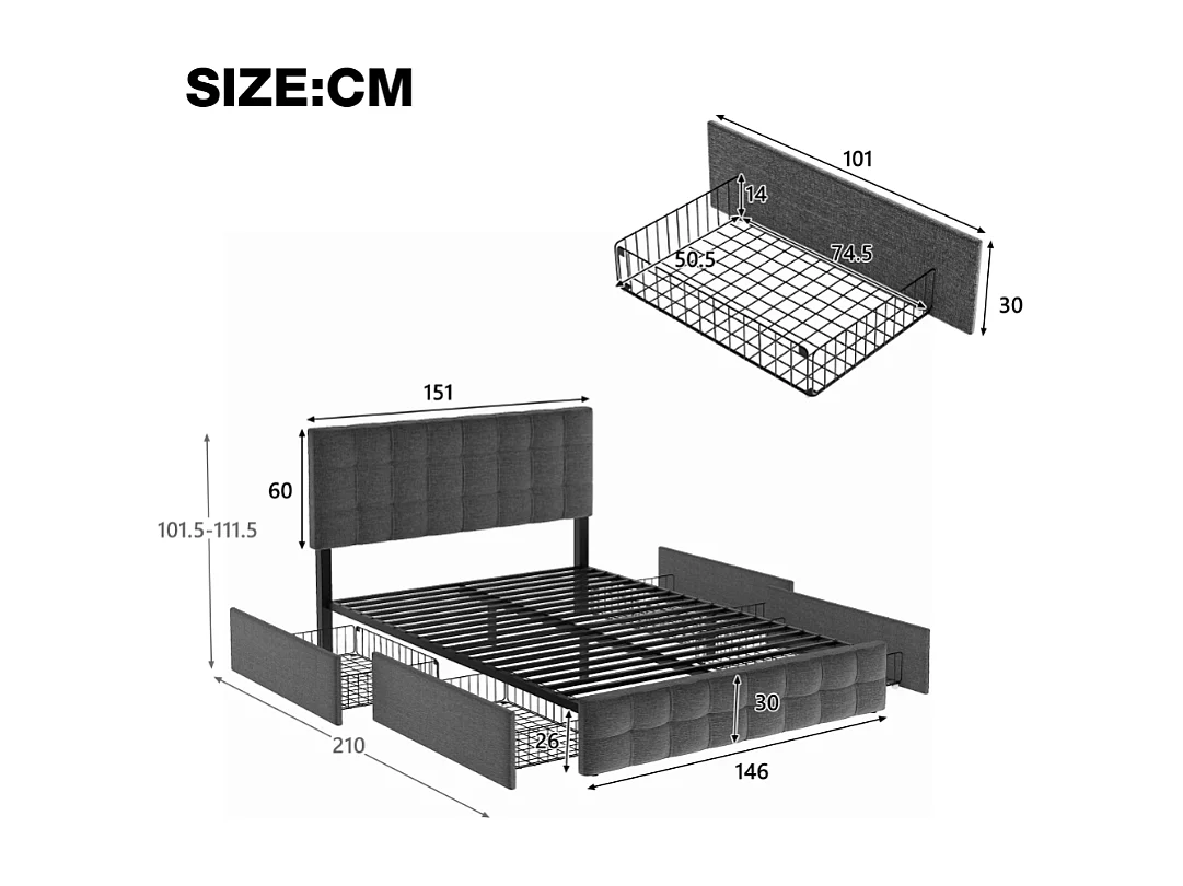 Cama de adulto 140x200 cm - com cabeceira, 4 gavetas, estrado de ripas - linho - cinzento - colchão incluído