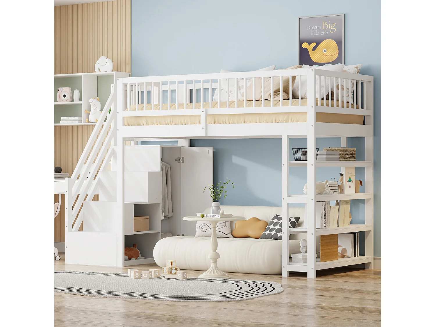 Letto a soppalco 90x200 cm - Letto per bambini con armadio e ripiani - legno bianco - materasso non incluso