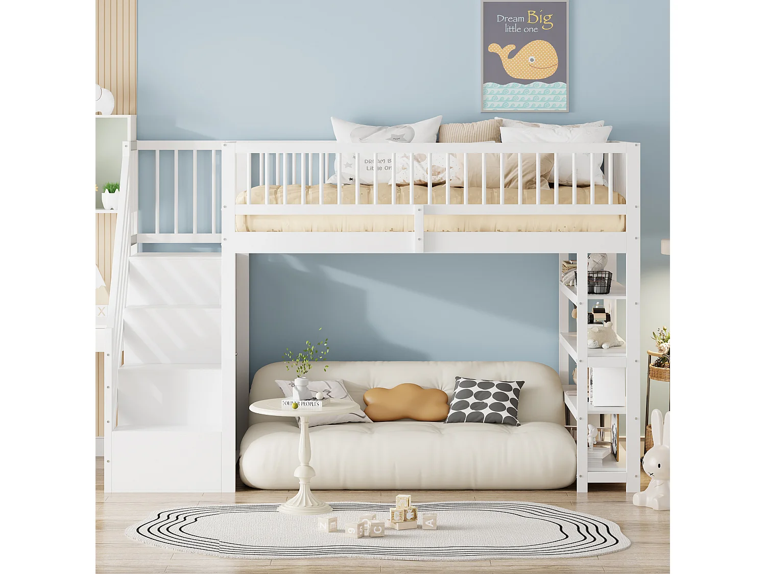 Letto a soppalco 90x200 cm - Letto per bambini con armadio e ripiani - legno bianco - materasso non incluso