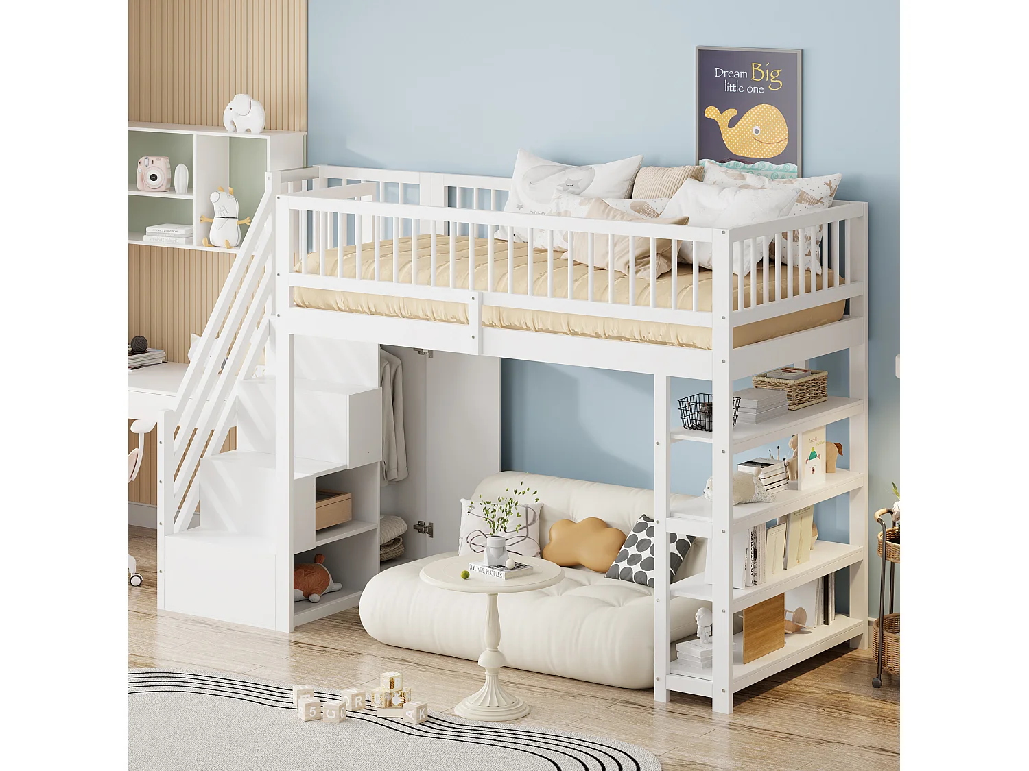 Letto a soppalco 90x200 cm - Letto per bambini con armadio e ripiani - legno bianco - materasso non incluso