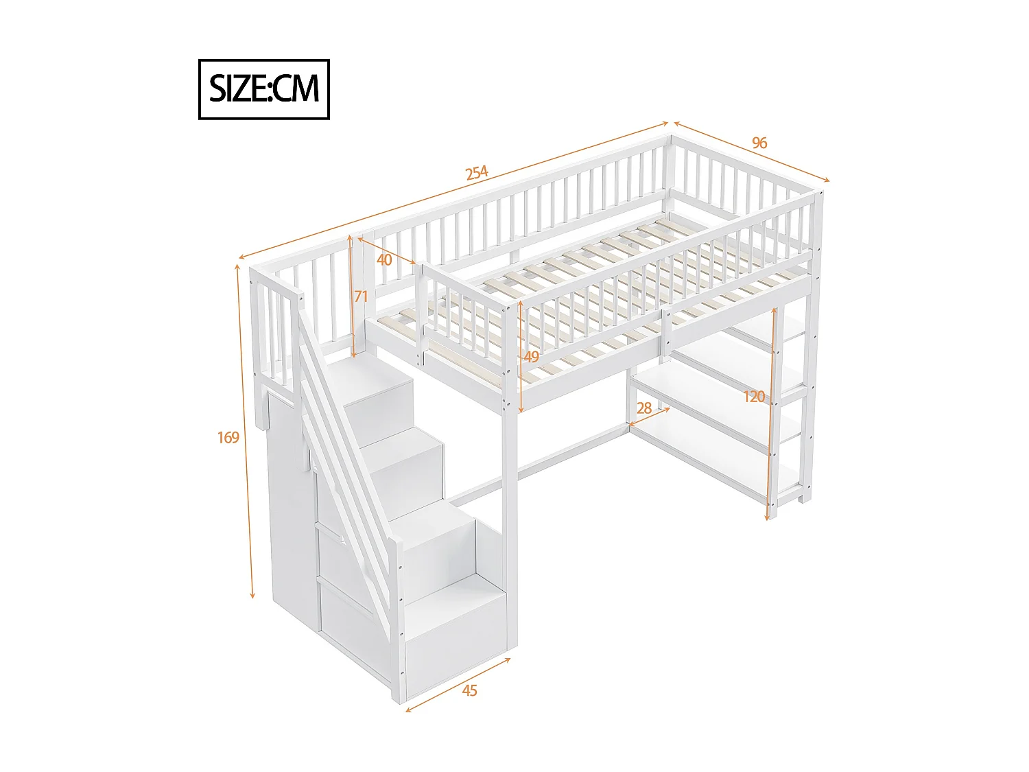 Letto a soppalco 90x200 cm - Letto per bambini con armadio e ripiani - legno bianco - materasso non incluso