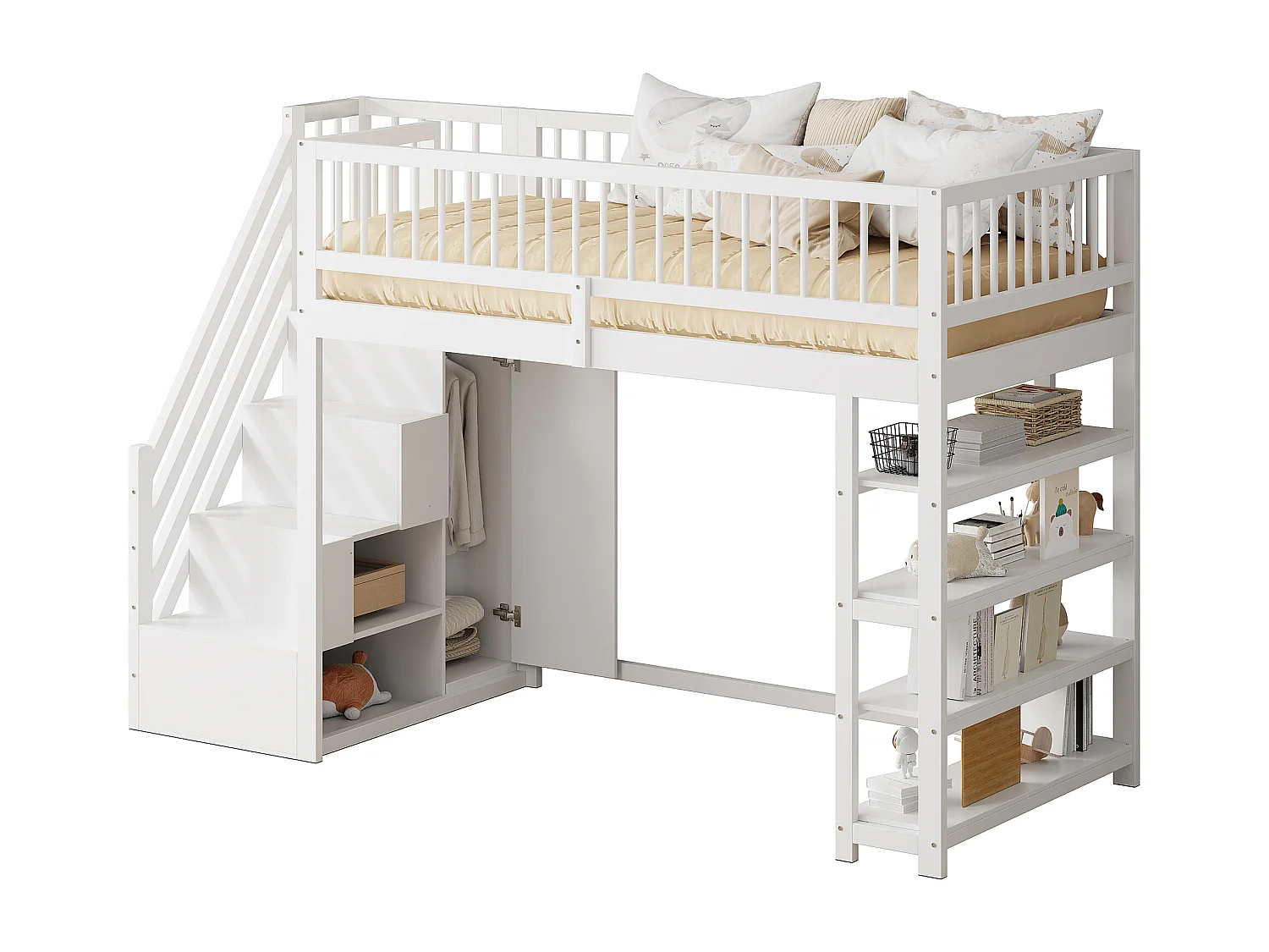Letto a soppalco 90x200 cm - Letto per bambini con armadio e ripiani - legno bianco - materasso non incluso