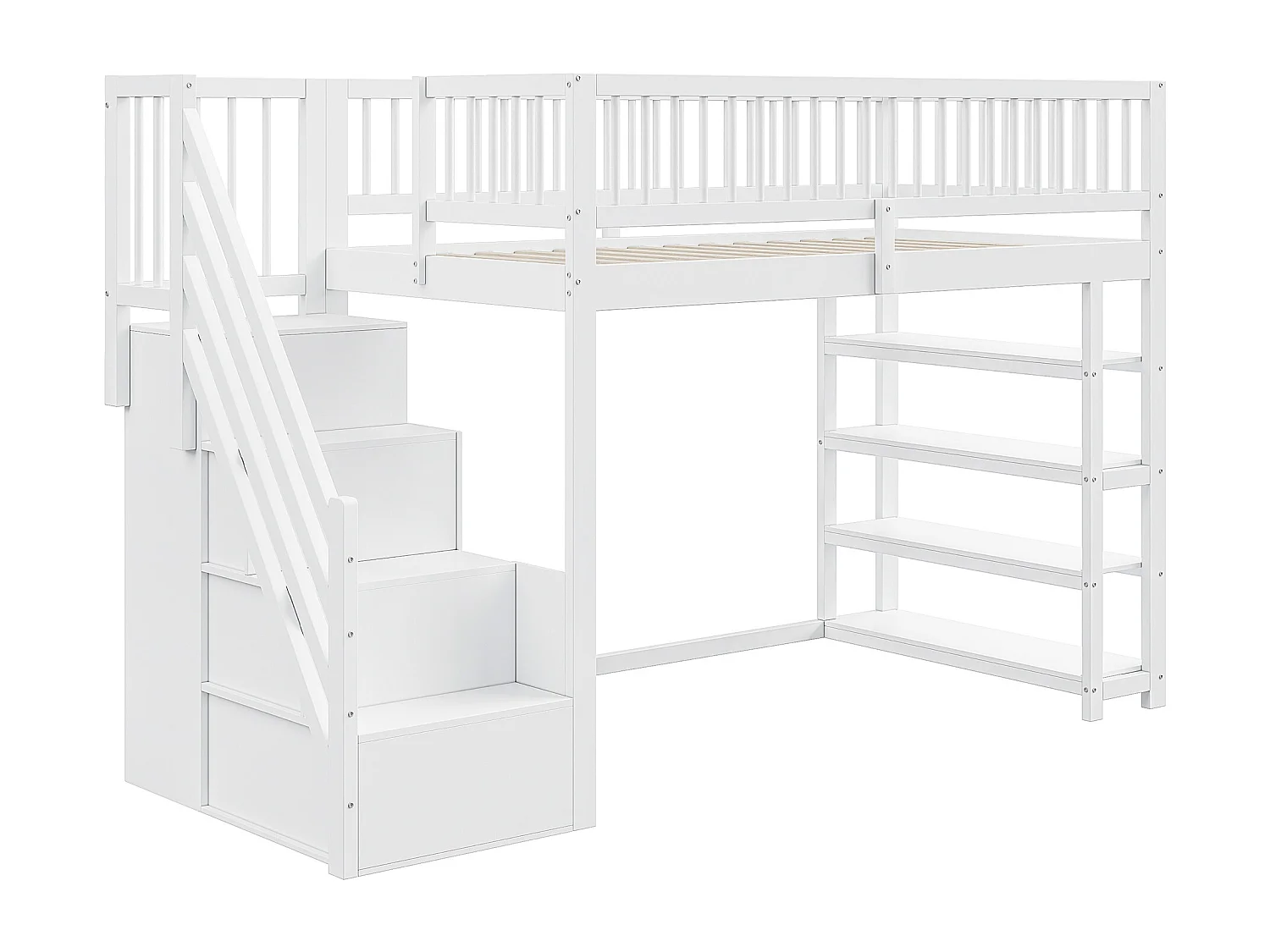 Letto a soppalco 90x200 cm - Letto per bambini con armadio e ripiani - legno bianco - materasso non incluso