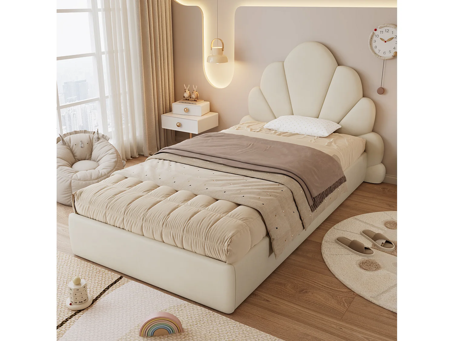 Lit enfant 90x200 cm - avec tête de lit et sommier à lattes - velours beige - sans matelas