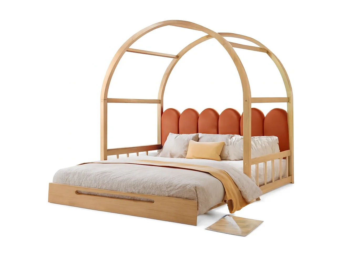 Bett für Erwachsene 140 x 200 cm – mit Lattenrost – Kiefer – Natur und Orange – Matratze nicht enthalten