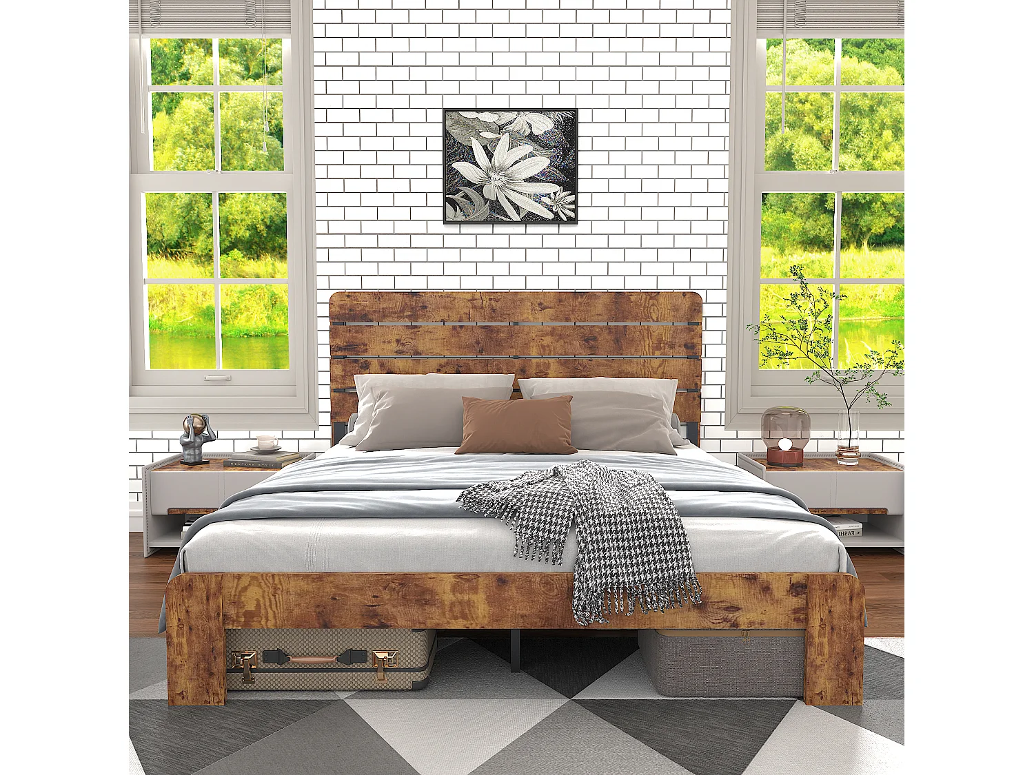 Lit adulte 160x200 cm - avec tête haute, sommier à lattes métalliques - marron - sans matelas