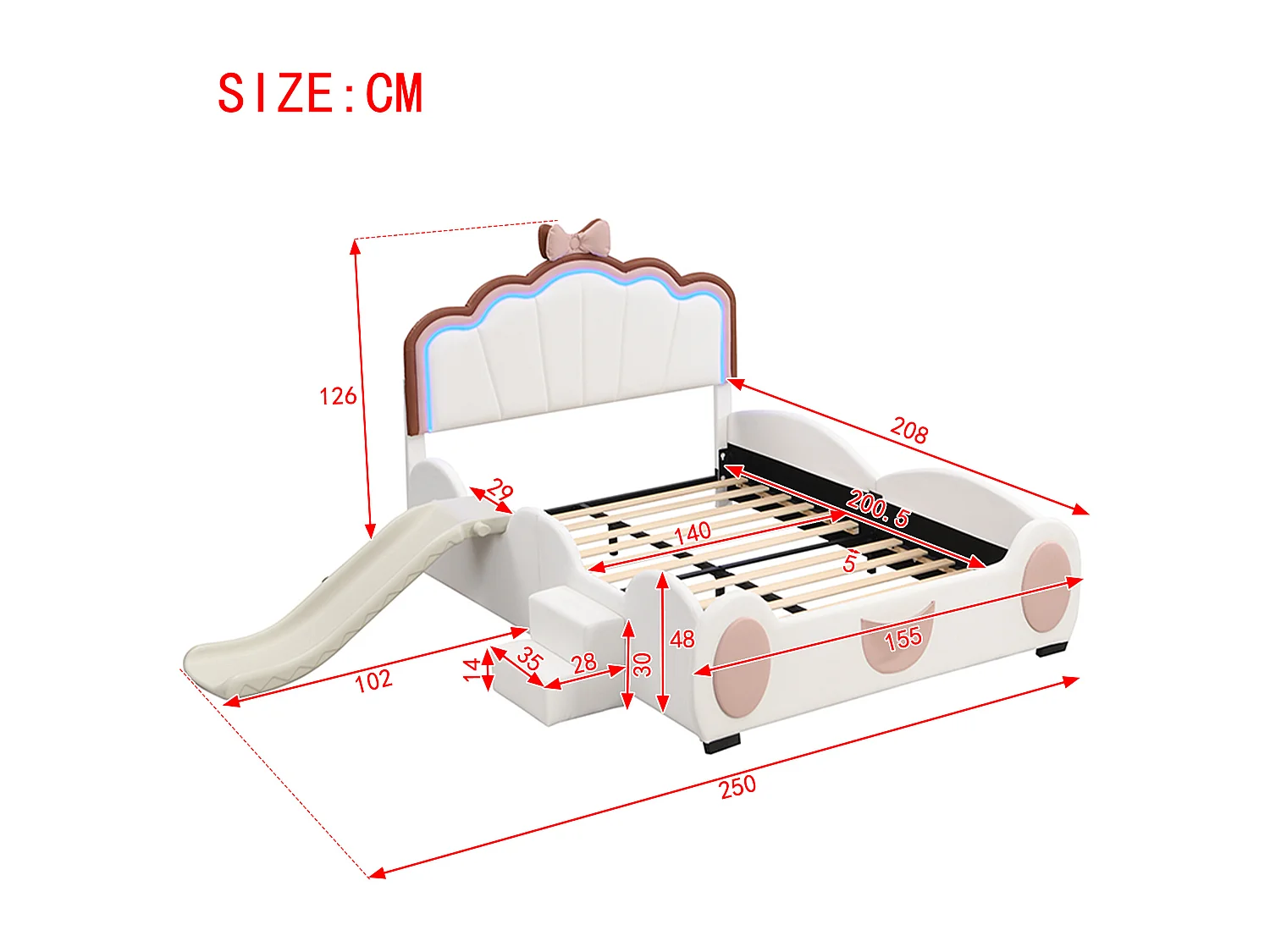 Kinderbett 140 x 200 cm – mit LED-Beleuchtung, Rutsche und Leiter – PU – Rosa und Weiß – Matratze nicht enthalten