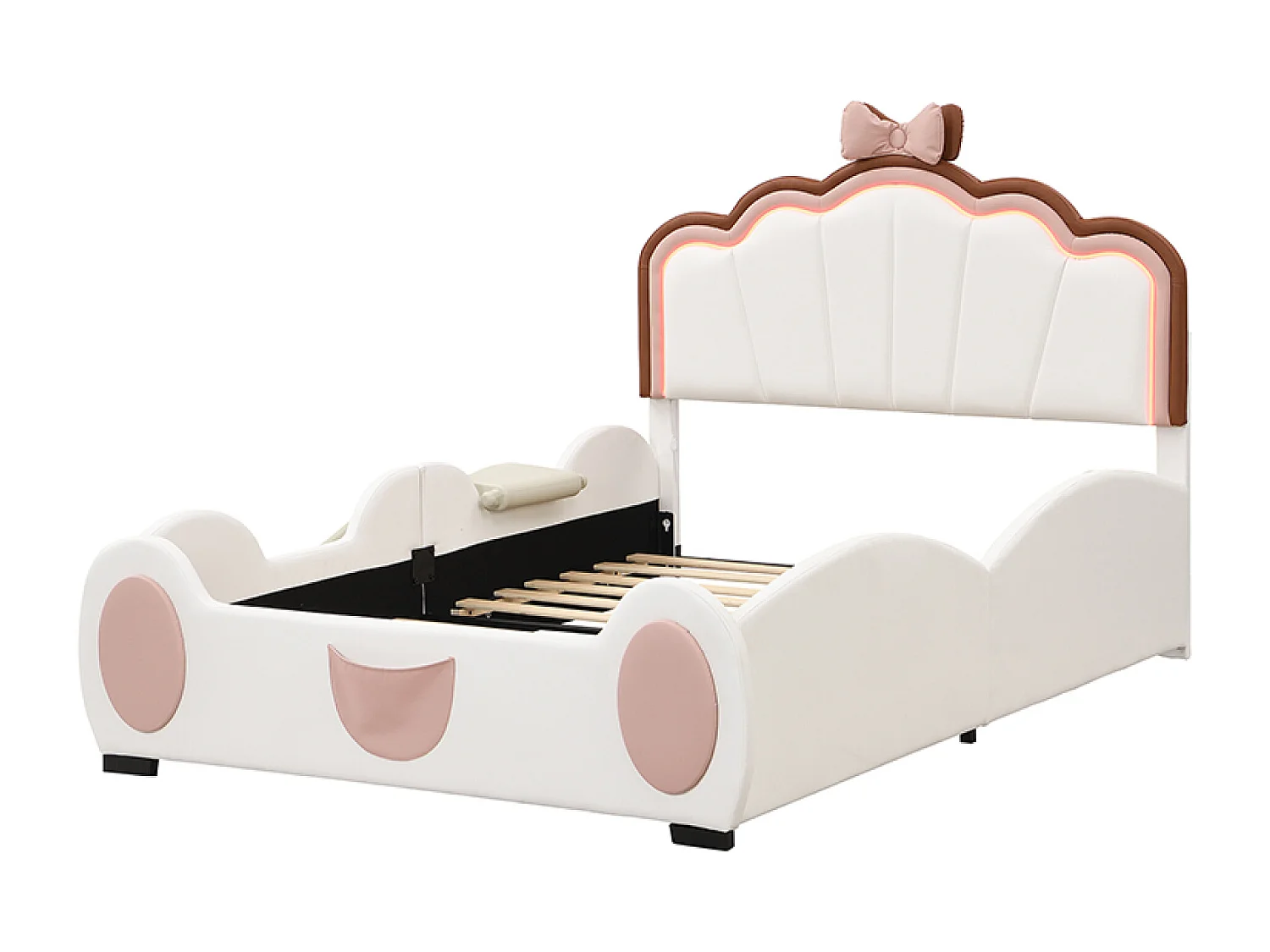 Kinderbett 140 x 200 cm – mit LED-Beleuchtung, Rutsche und Leiter – PU – Rosa und Weiß – Matratze nicht enthalten
