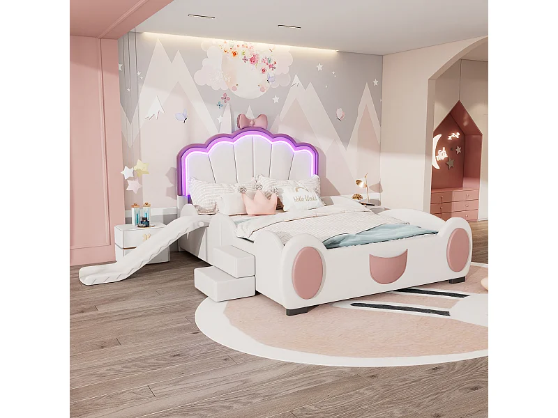 Kinderbett 140 x 200 cm – mit LED-Beleuchtung, Rutsche und Leiter – PU – Rosa und Weiß – Matratze nicht enthalten