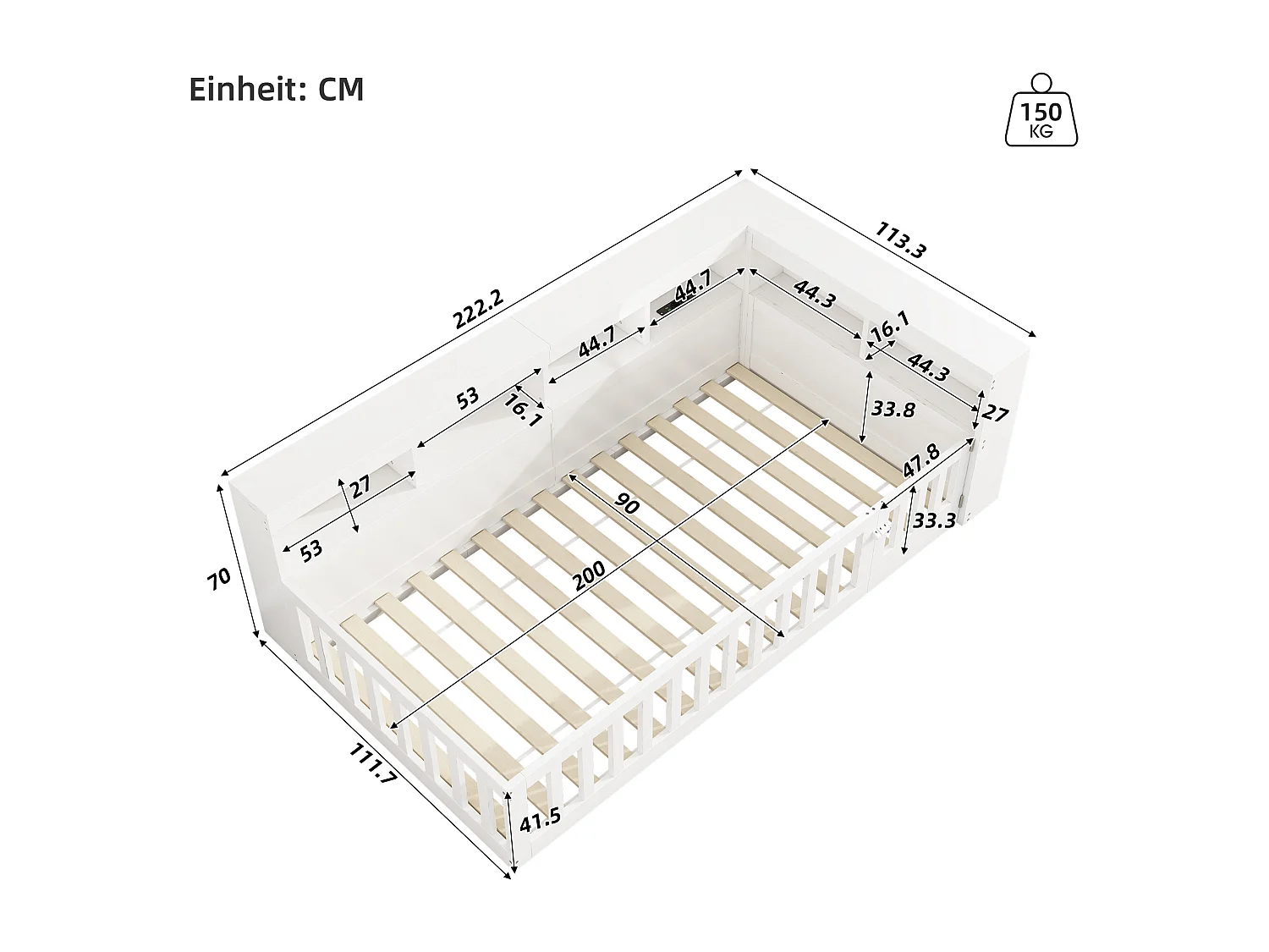 Lit enfant 90x200 cm - Lit simple avec prise USB et prises, étagère de rangement - blanc - sans matelas