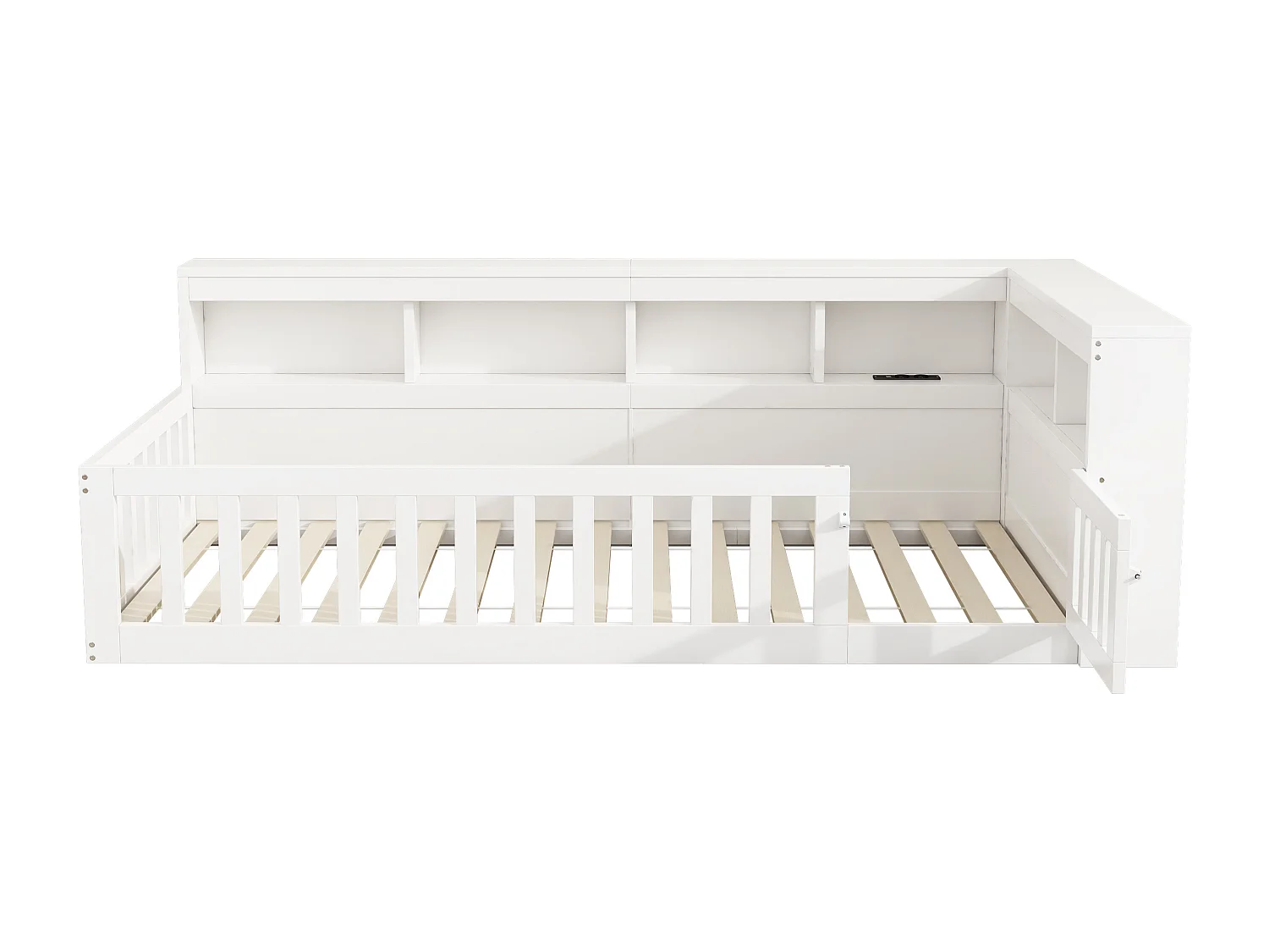 Lit enfant 90x200 cm - Lit simple avec prise USB et prises, étagère de rangement - blanc - sans matelas