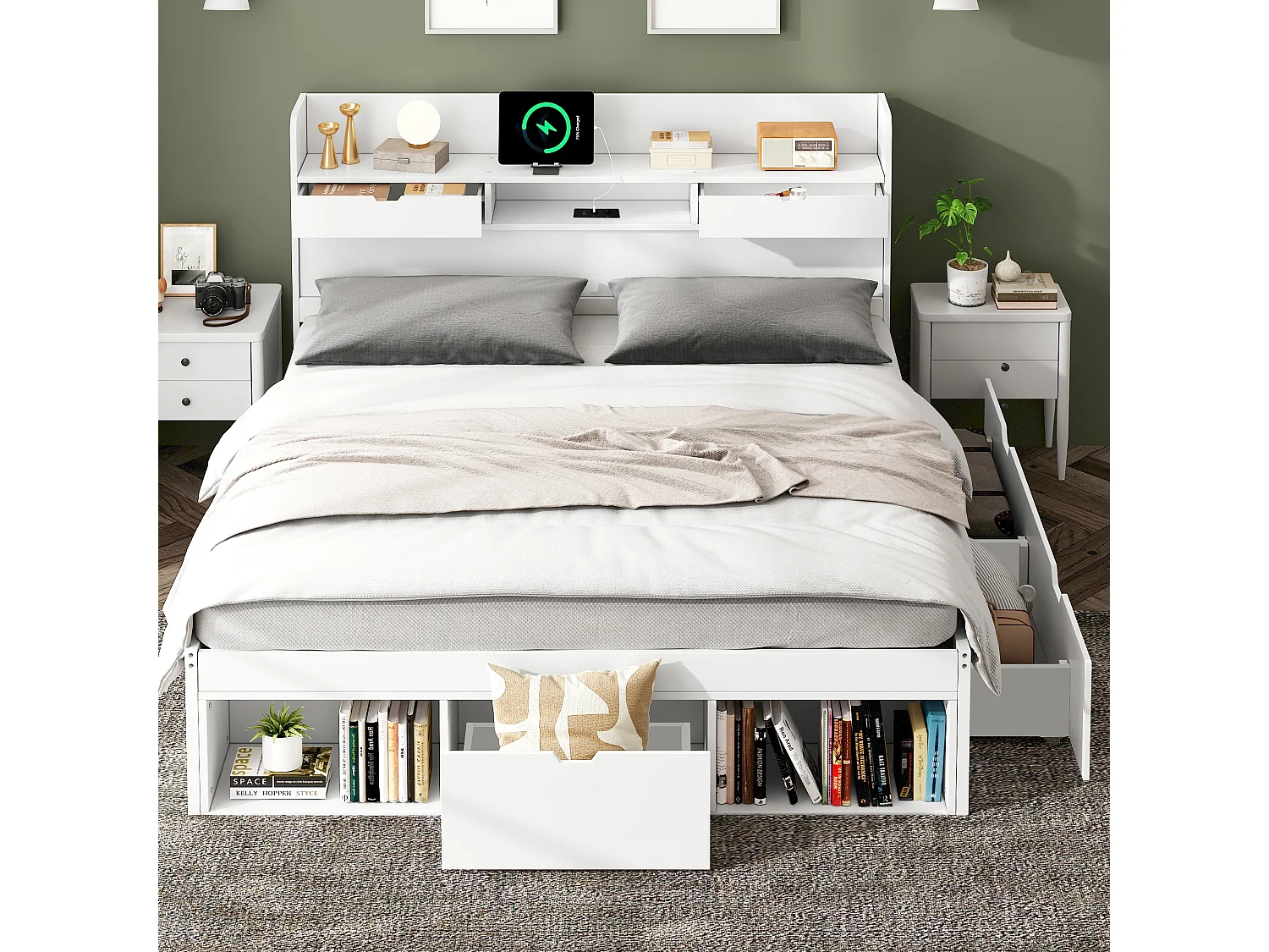lit adulte 140x190 cm - avec tête de lit et tiroirs, USB/Type-C - pin blanc - sans matelas