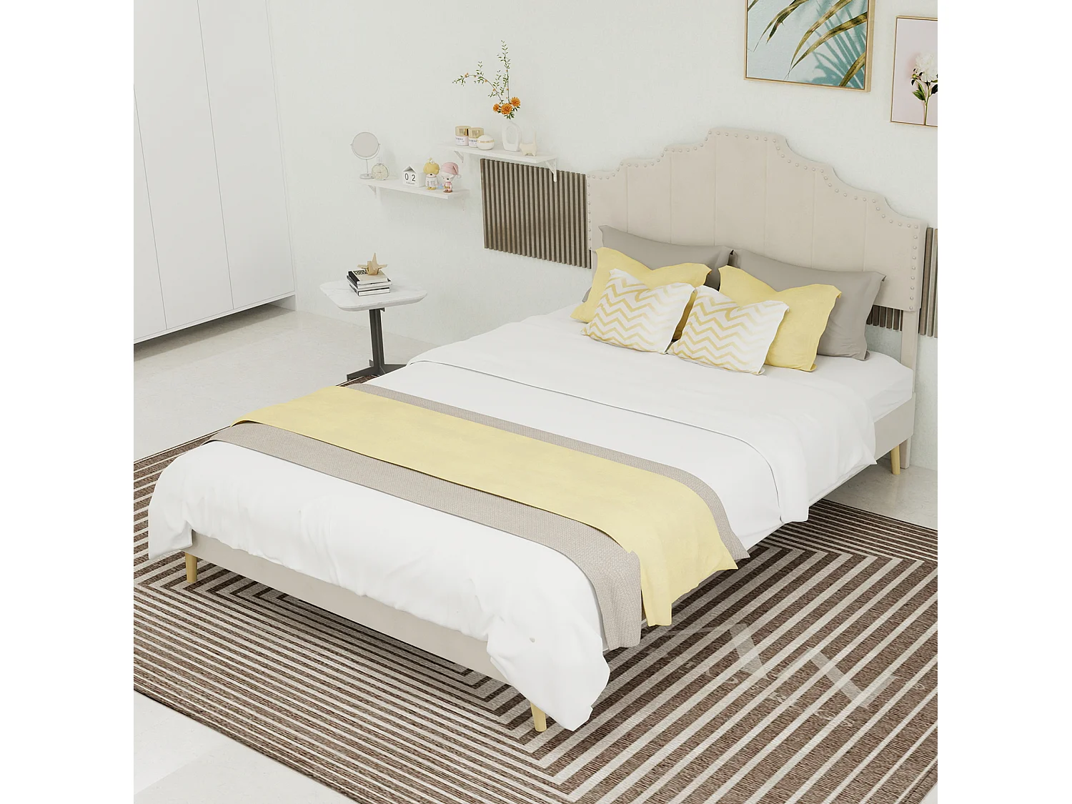 Doppelbett (140 x 200 cm) mit gepolstertem Kopfteil und Lattenrost – beiger Samt – ohne Matratze