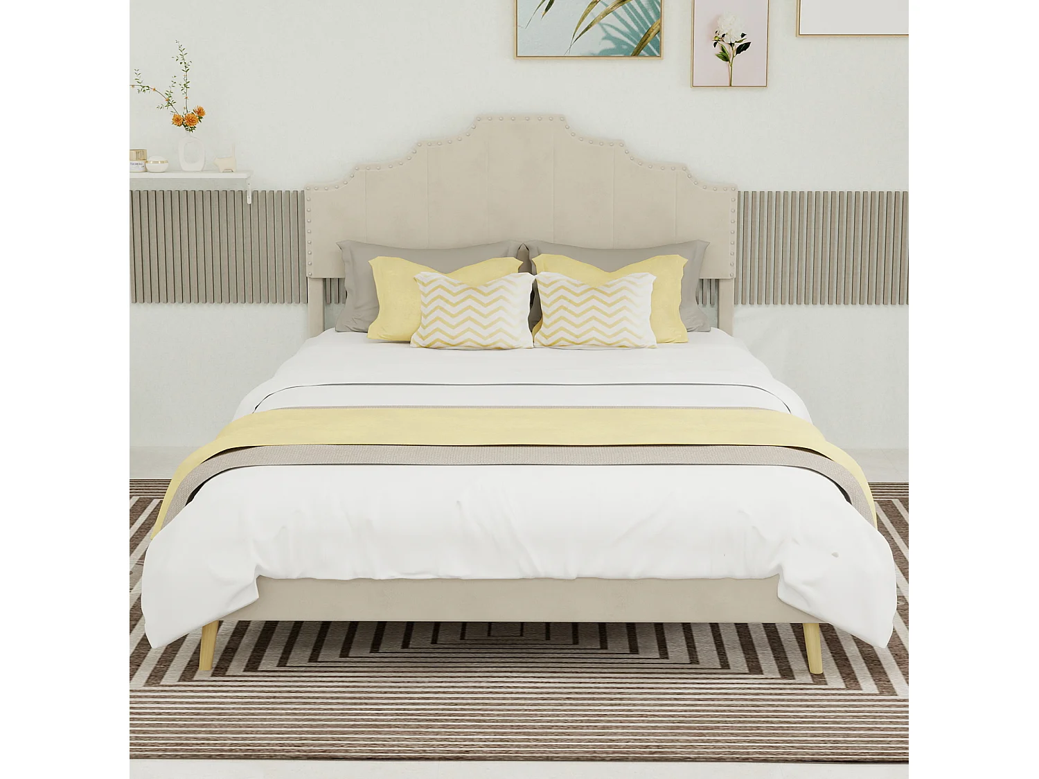 Doppelbett (140 x 200 cm) mit gepolstertem Kopfteil und Lattenrost – beiger Samt – ohne Matratze