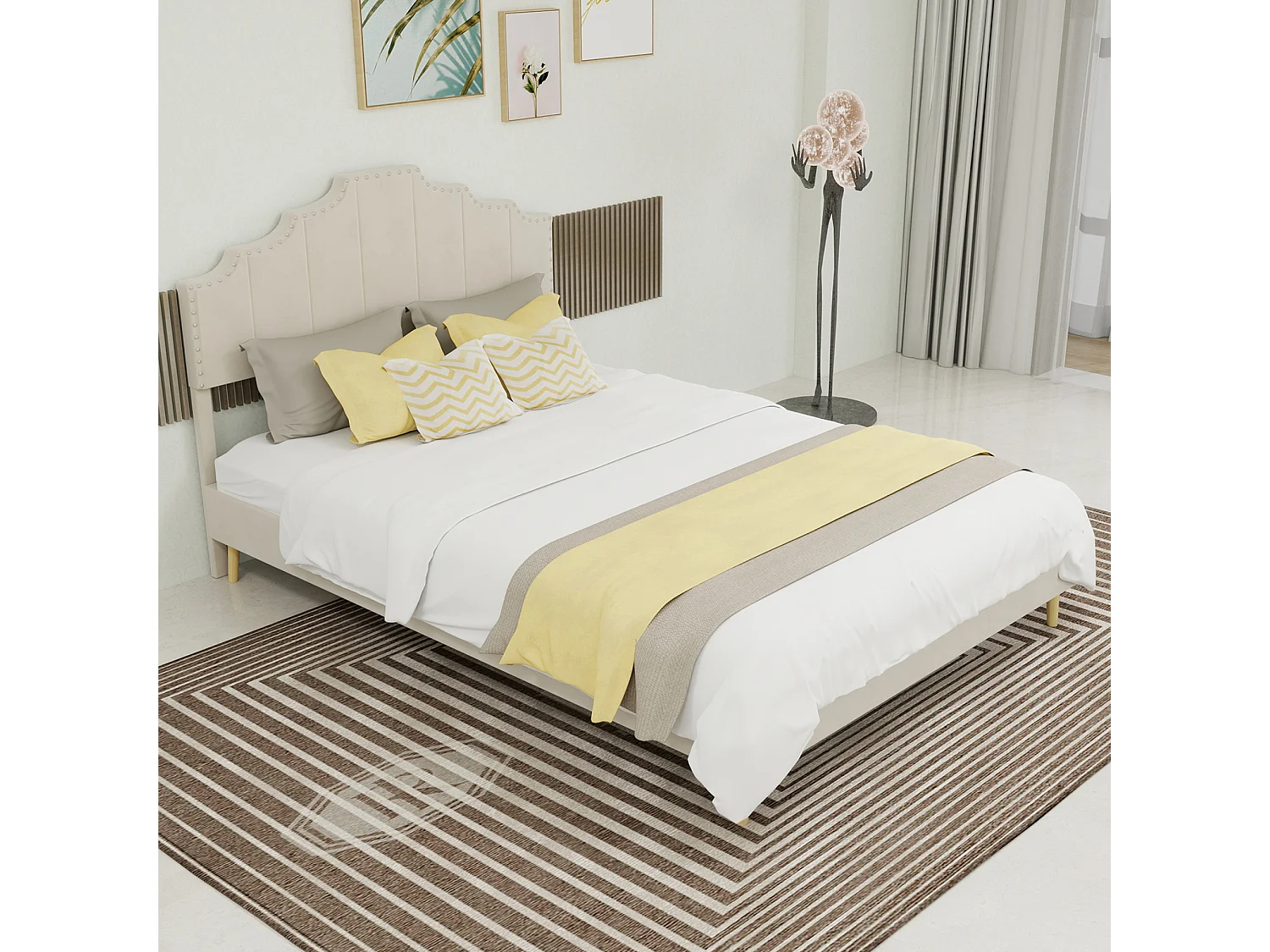 Doppelbett (140 x 200 cm) mit gepolstertem Kopfteil und Lattenrost – beiger Samt – ohne Matratze