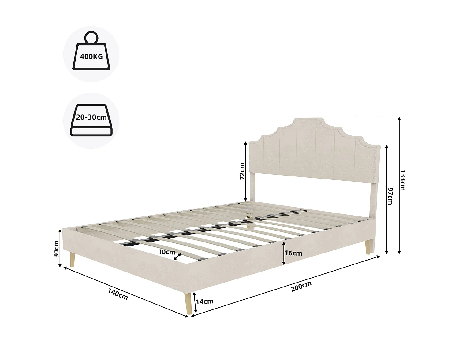 Doppelbett (140 x 200 cm) mit gepolstertem Kopfteil und Lattenrost – beiger Samt – ohne Matratze
