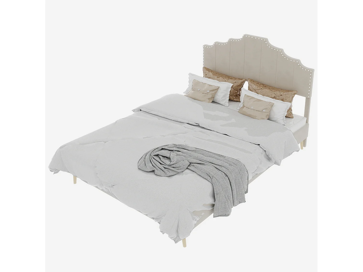 Doppelbett (140 x 200 cm) mit gepolstertem Kopfteil und Lattenrost – beiger Samt – ohne Matratze