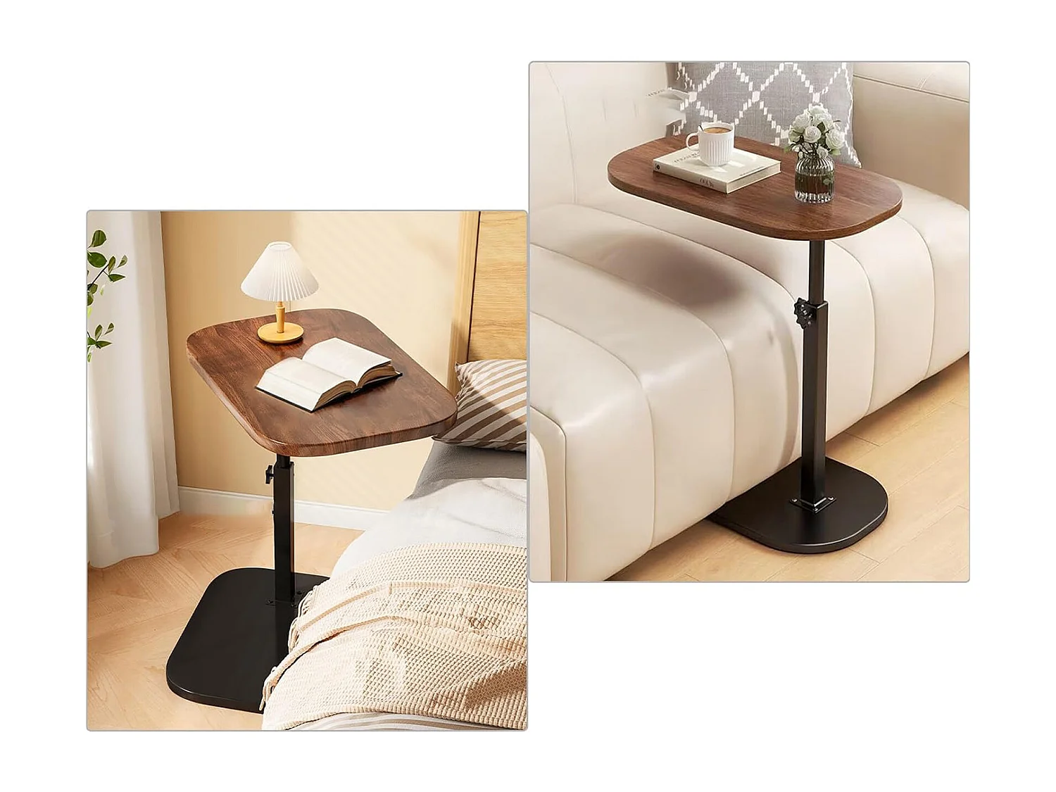 Table d’appoint réglable 45–80 cm en bois noyer et métal, petite table de canapé ou chevet, salon chambre