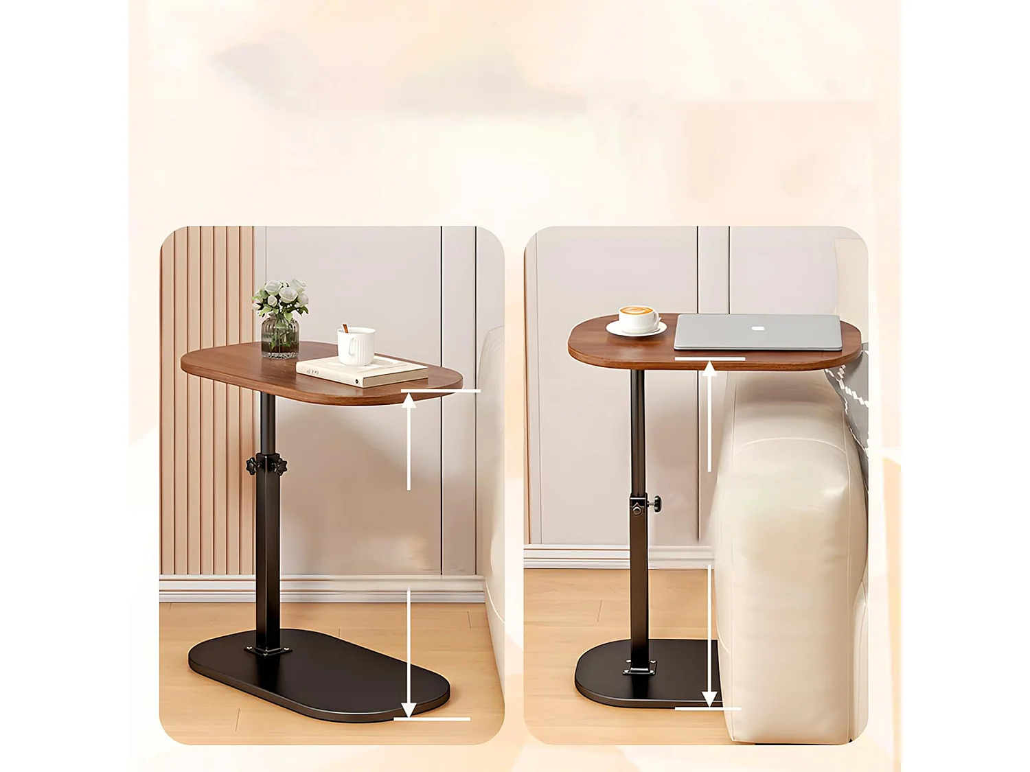 Table d’appoint réglable 45–80 cm en bois noyer et métal, petite table de canapé ou chevet, salon chambre