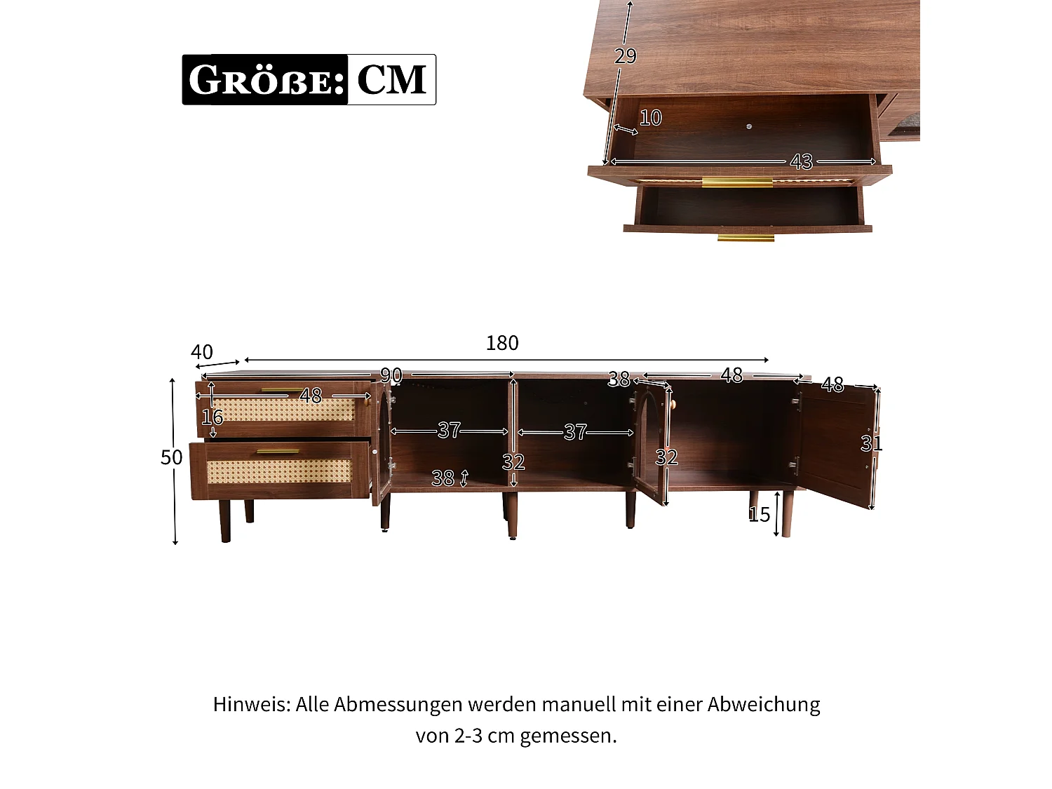 Meuble TV marron - Meuble TV avec 2 tiroirs en rotin et 3 portes - eclairage LED