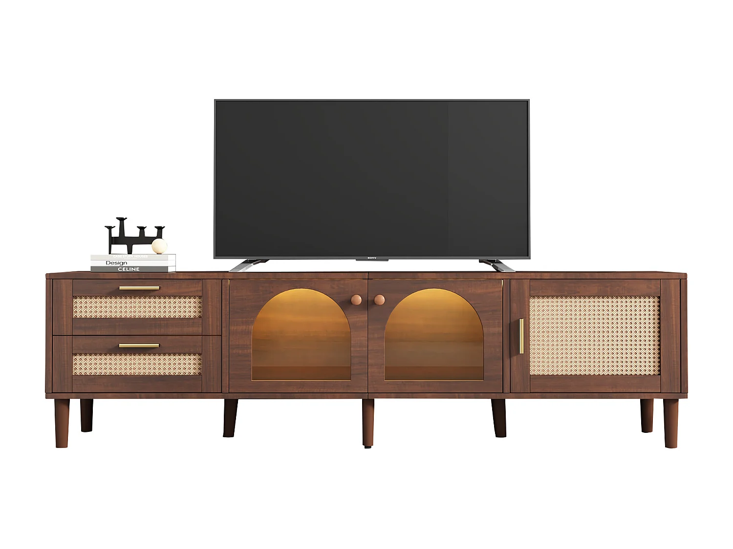 Meuble TV marron - Meuble TV avec 2 tiroirs en rotin et 3 portes - eclairage LED