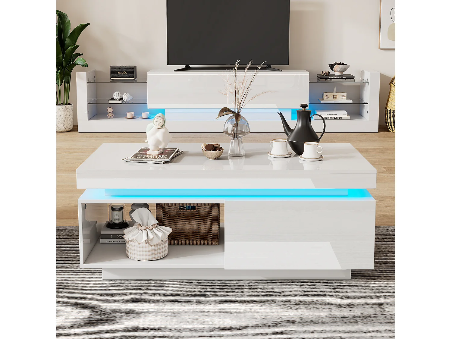 Moderne salontafel – Salontafel met ledverlichting en lades – open opbergvakken – wit