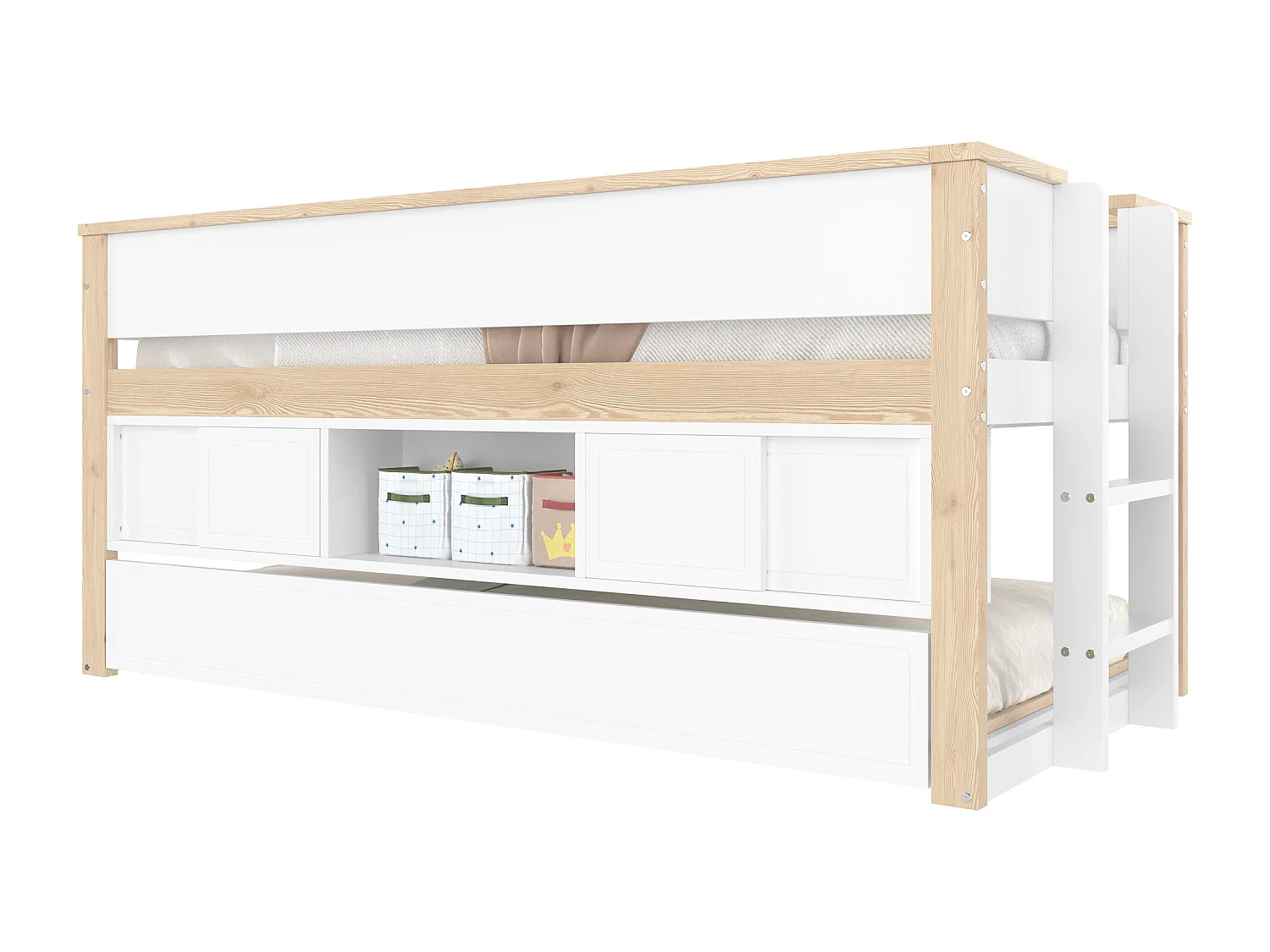 Lit enfant 90x200 cm - avec lit gigogne 90x190 cm, compartiment de rangement - blanc - sans matelas