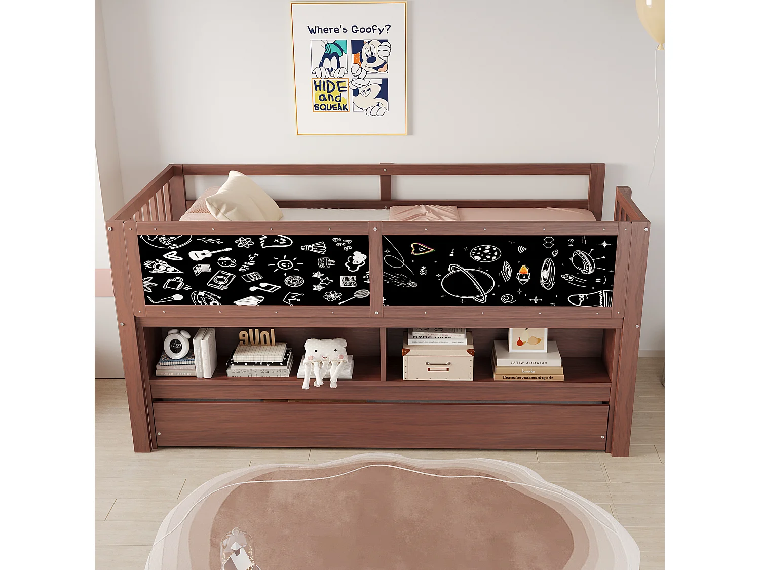 Lit mezzanine 90x200 cm - Lit enfant avec lit gigogne et sommier à lattes - brun - sans matelas