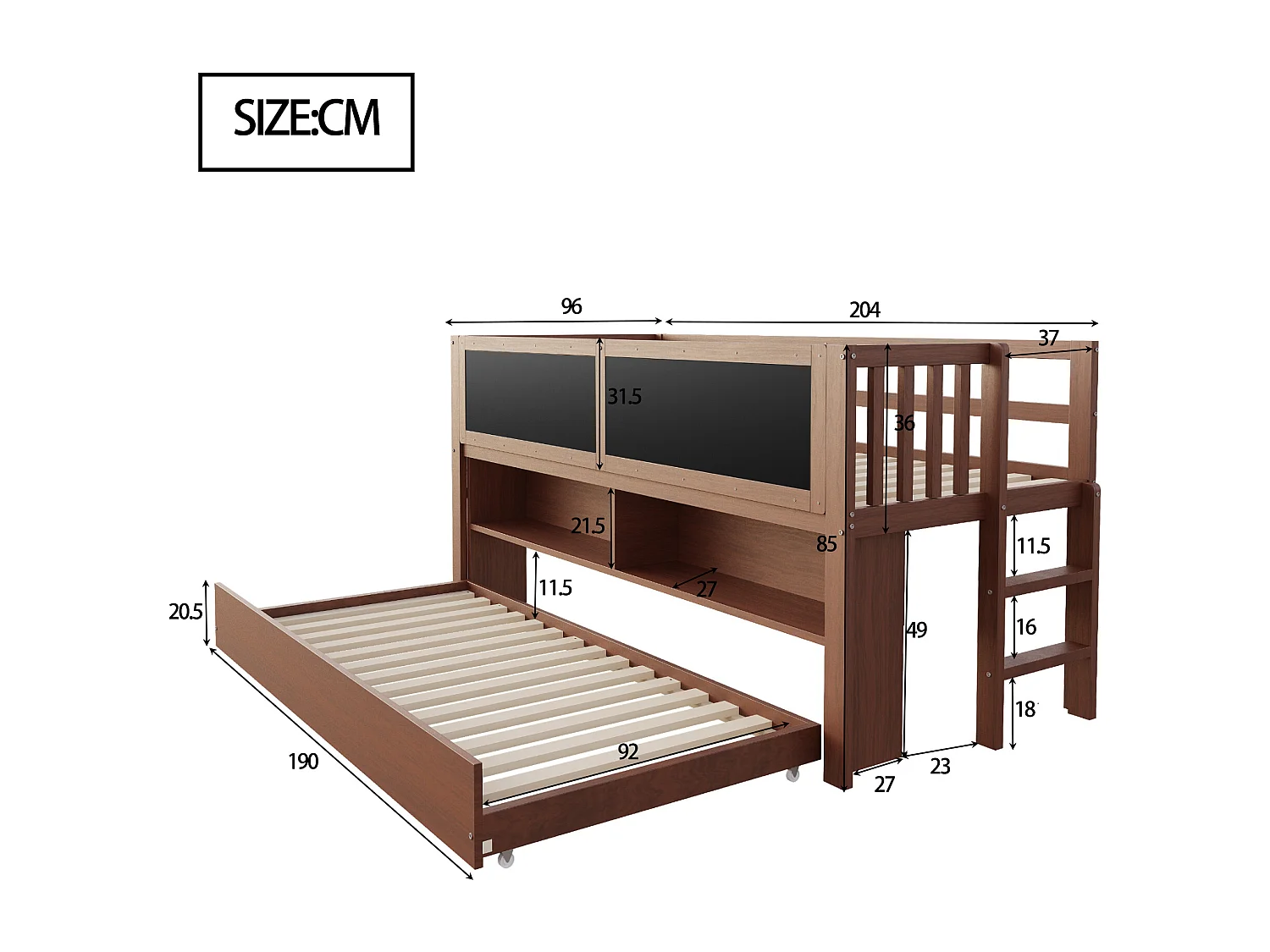 Lit mezzanine 90x200 cm - Lit enfant avec lit gigogne et sommier à lattes - brun - sans matelas
