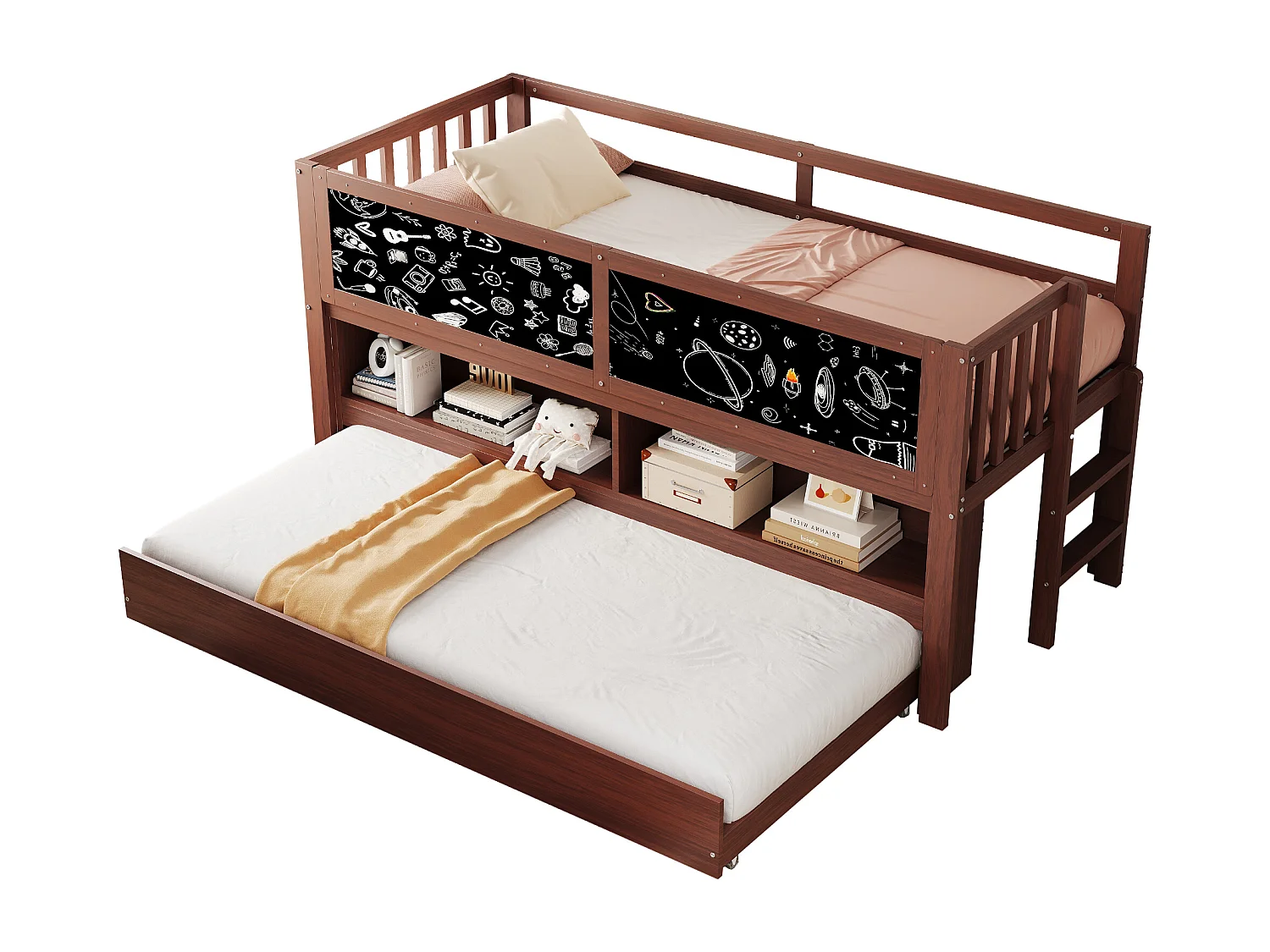 Lit mezzanine 90x200 cm - Lit enfant avec lit gigogne et sommier à lattes - brun - sans matelas