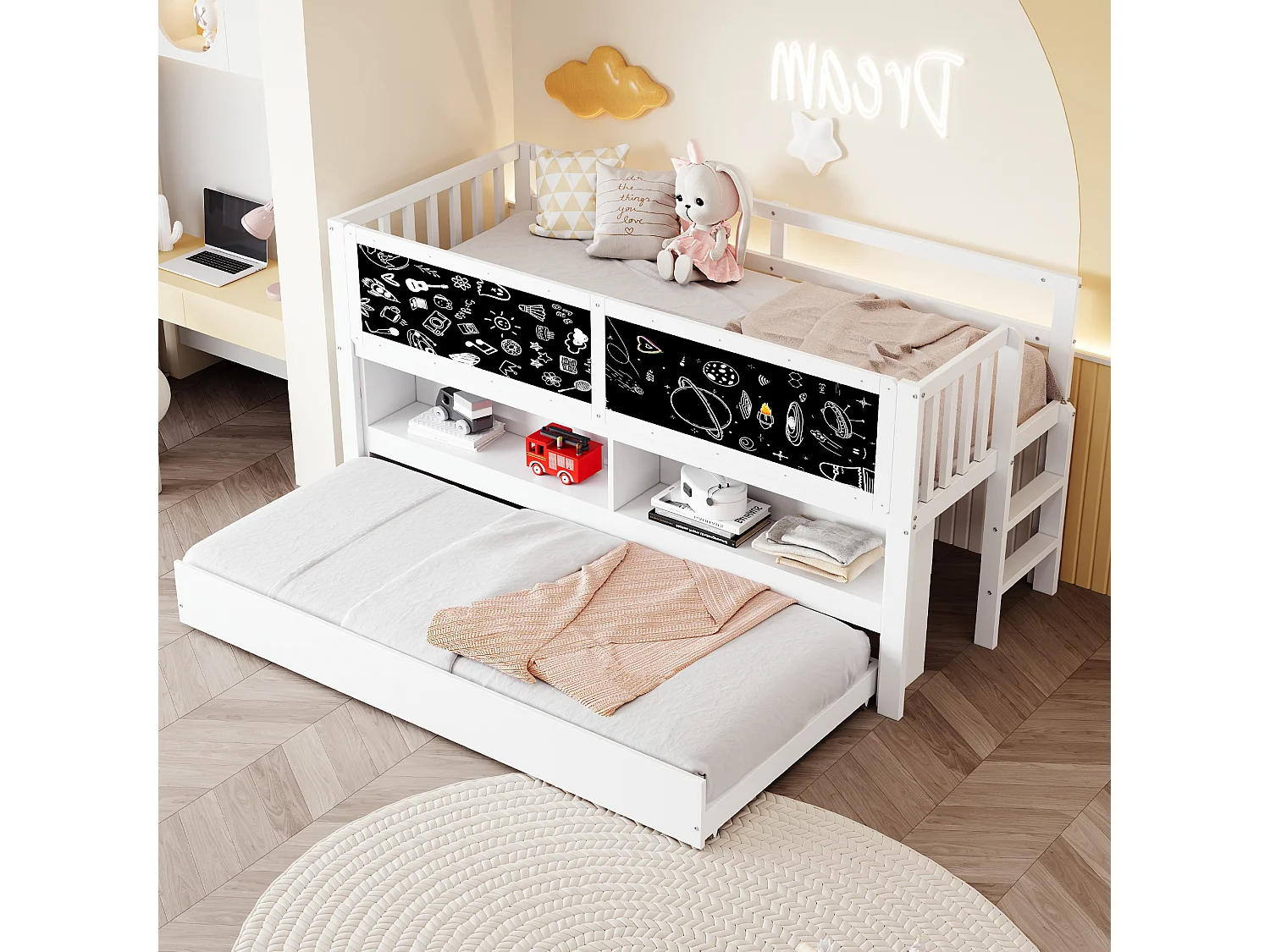 Lit mezzanine 90x200 cm - Lit enfant avec lit gigogne et sommier à lattes - blanc - sans matelas
