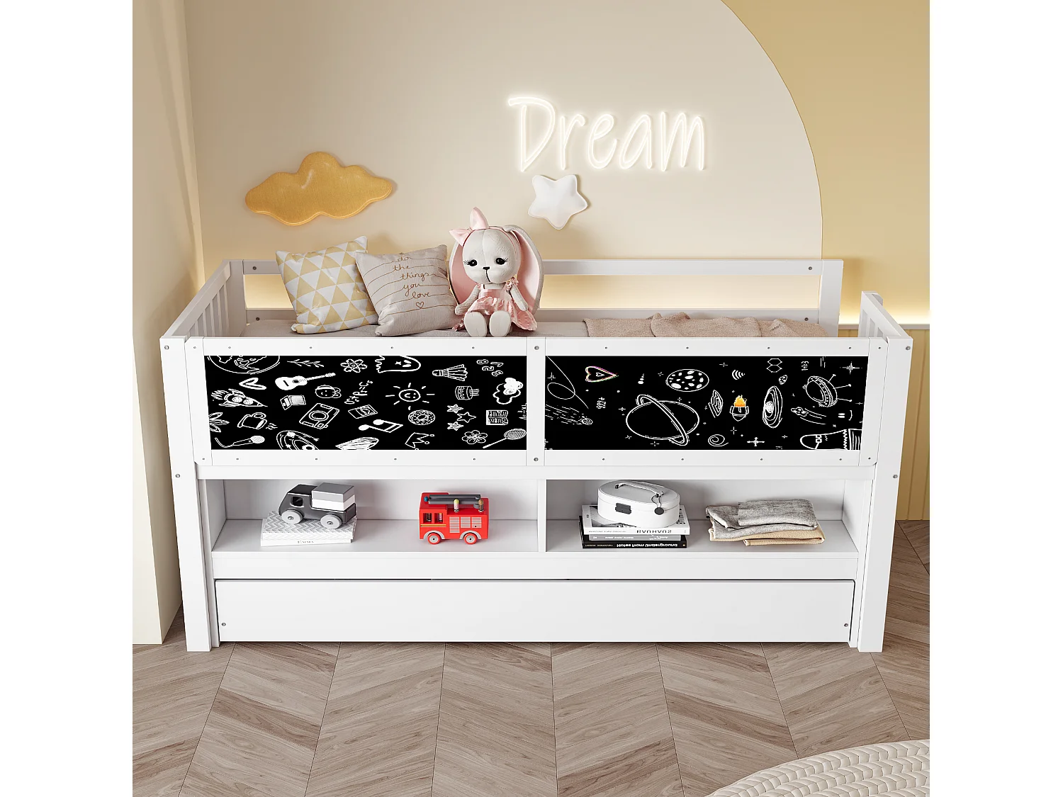 Lit mezzanine 90x200 cm - Lit enfant avec lit gigogne et sommier à lattes - blanc - sans matelas