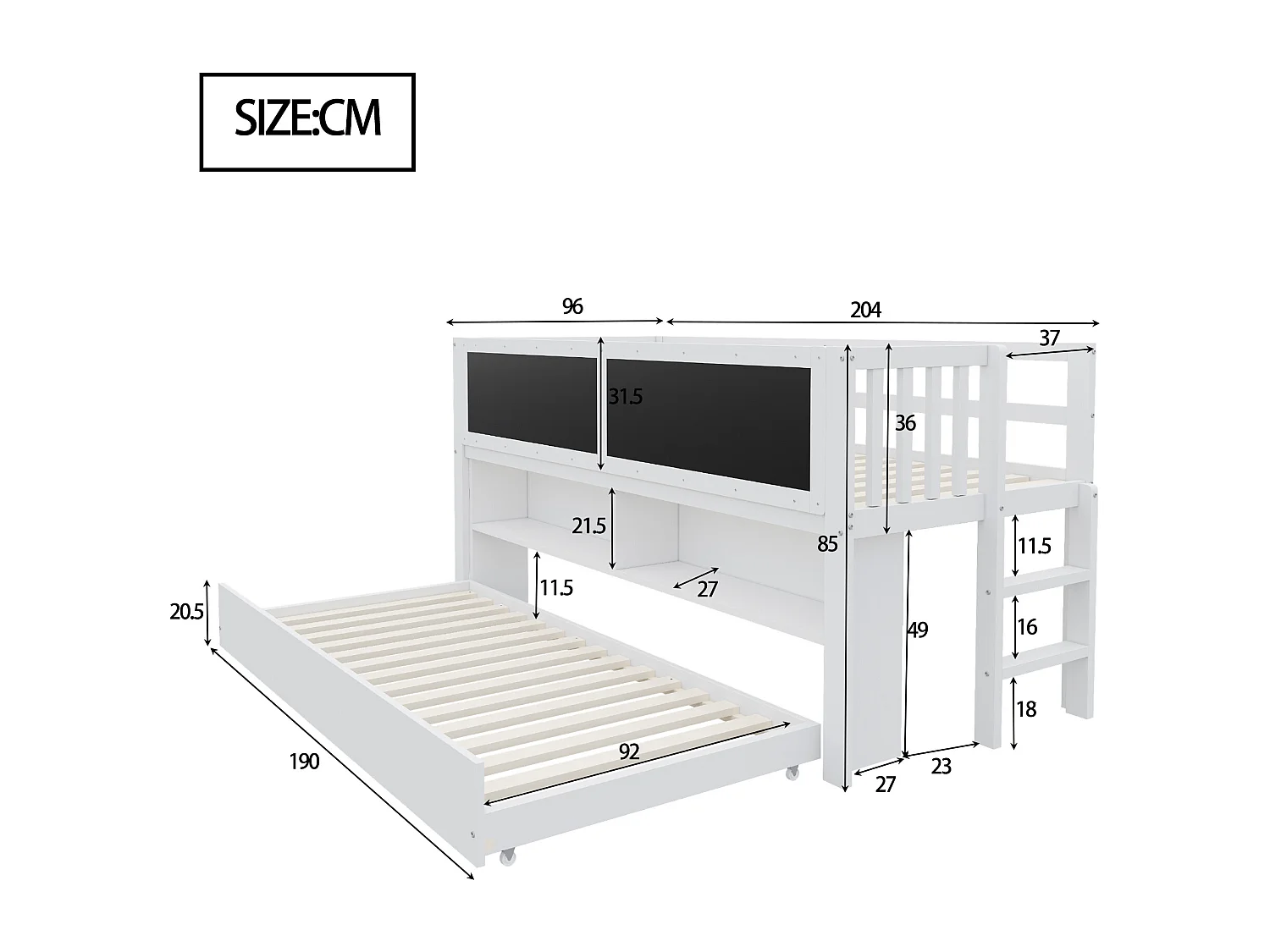 Lit mezzanine 90x200 cm - Lit enfant avec lit gigogne et sommier à lattes - blanc - sans matelas