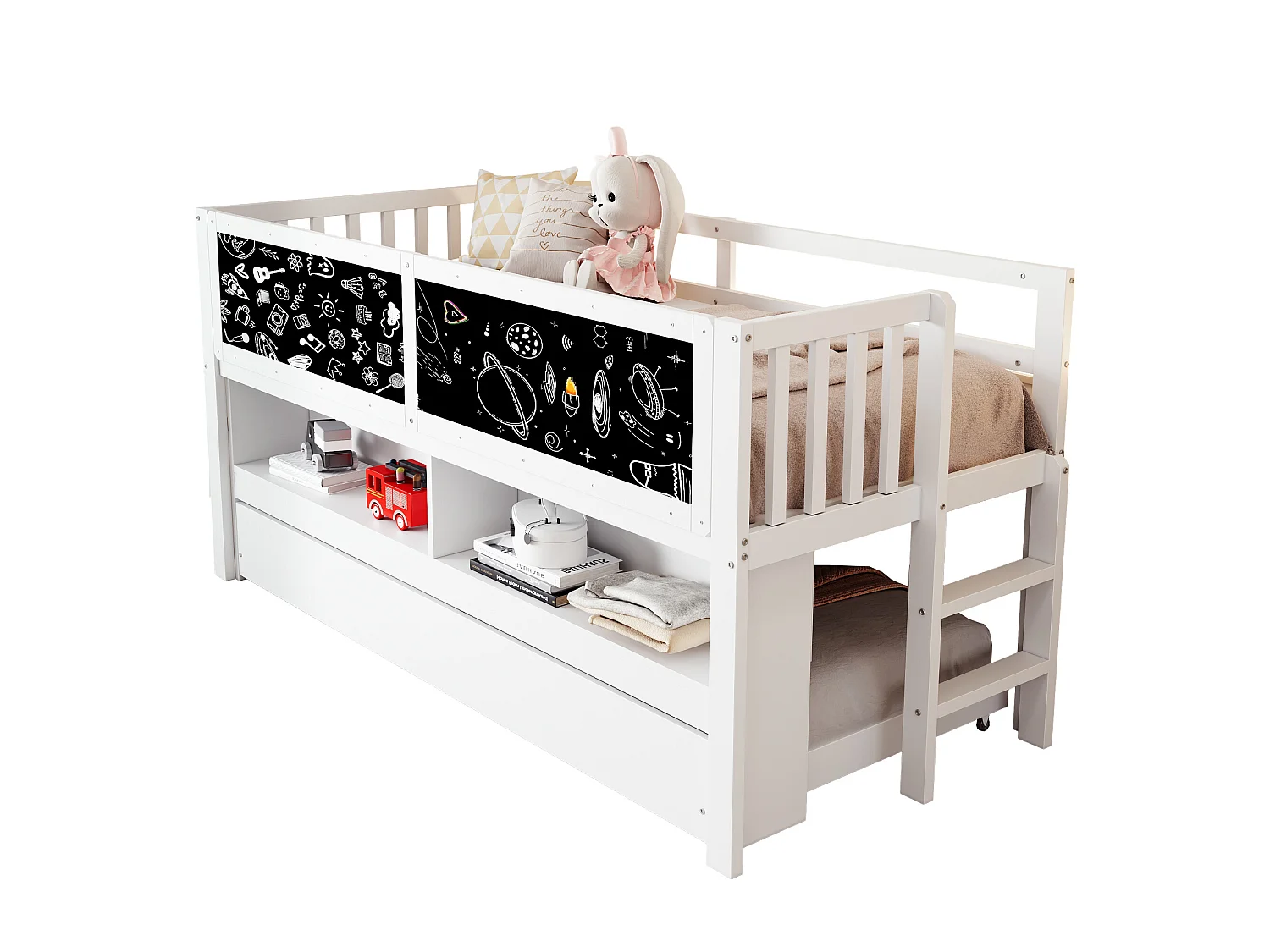 Lit mezzanine 90x200 cm - Lit enfant avec lit gigogne et sommier à lattes - blanc - sans matelas