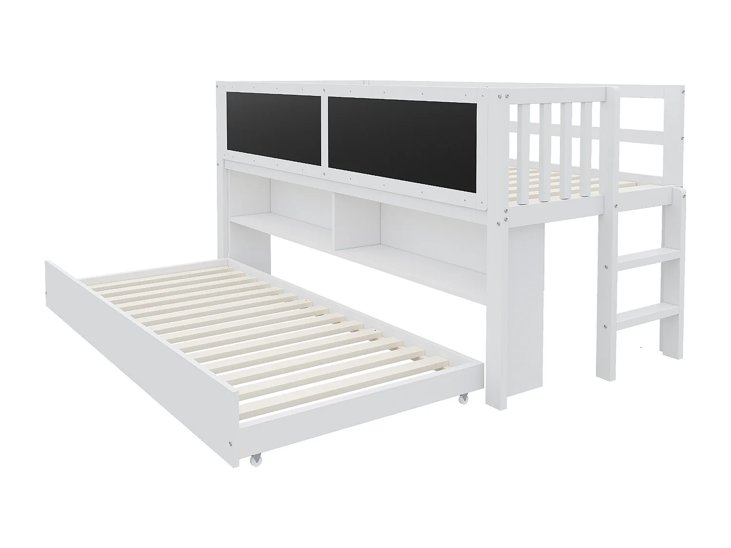 Lit mezzanine 90x200 cm - Lit enfant avec lit gigogne et sommier à lattes - blanc - sans matelas