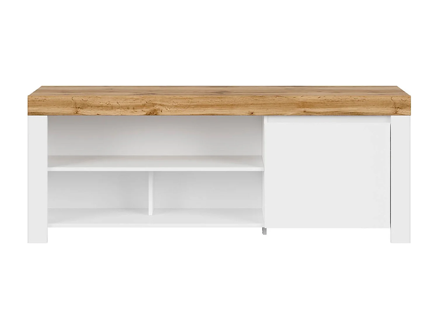 Meuble TV Meuble bas avec 1 porte et 5 niches ,coloris Blanc/Chêne wotan - Longueur 156 x Profondeur 42 x Hauteur 60,5 cm