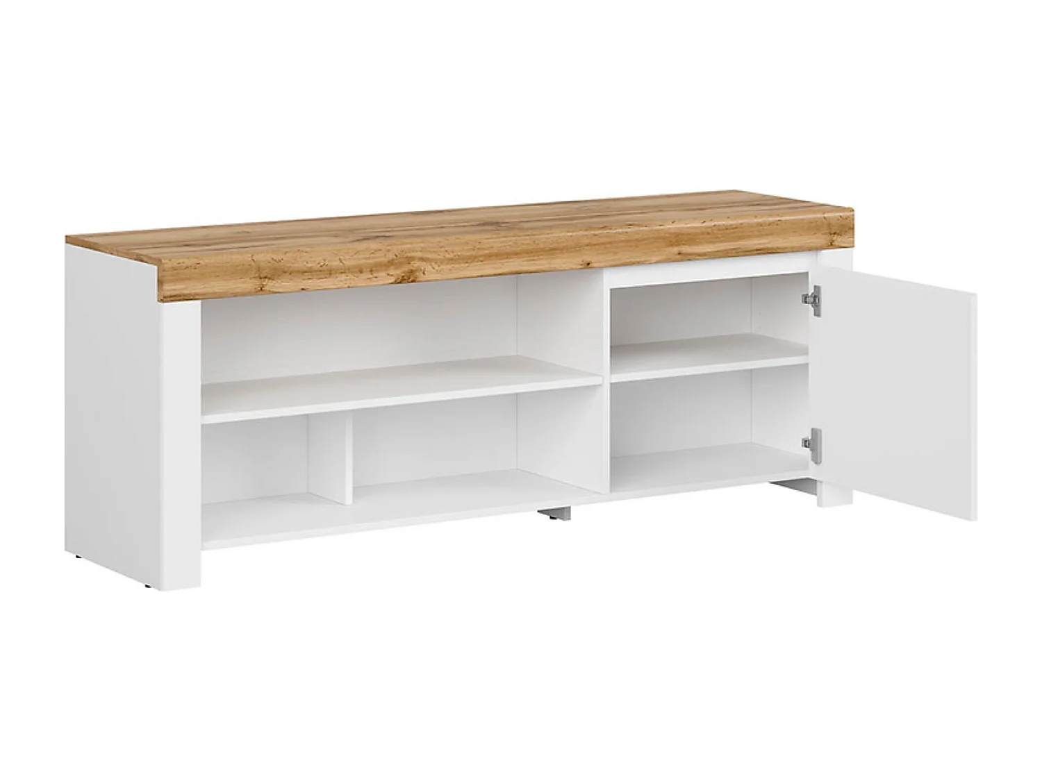 Meuble TV Meuble bas avec 1 porte et 5 niches ,coloris Blanc/Chêne wotan - Longueur 156 x Profondeur 42 x Hauteur 60,5 cm