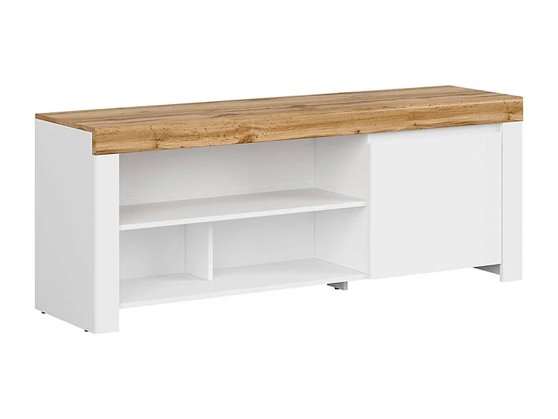 Meuble TV Meuble bas avec 1 porte et 5 niches ,coloris Blanc/Chêne wotan - Longueur 156 x Profondeur 42 x Hauteur 60,5 cm