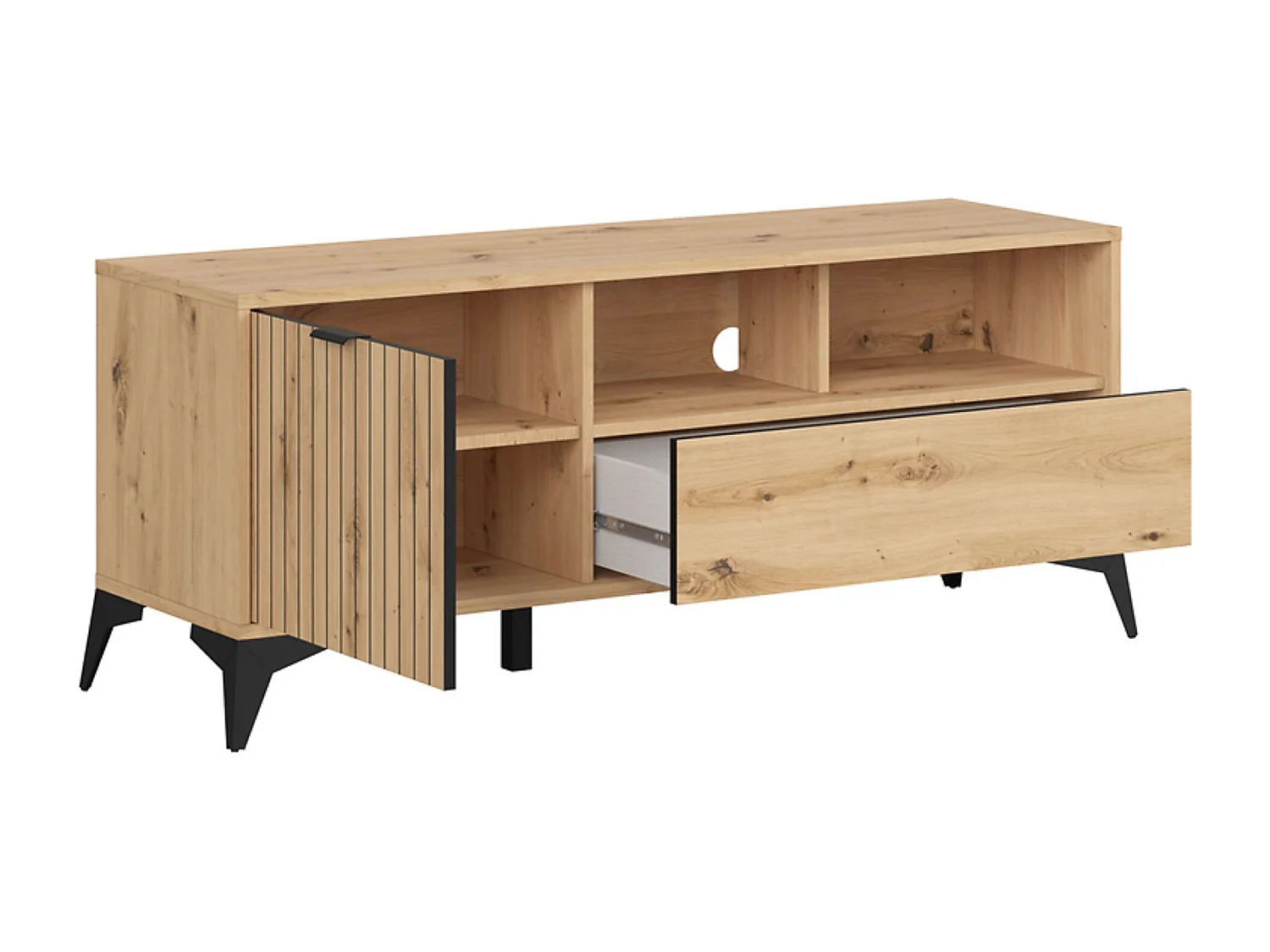 Meuble TV avec 1 porte, tiroir et 2 étagères,coloris Chêne artisan - Longueur 135 x Profondeur 41 x Hauteur 56 cm