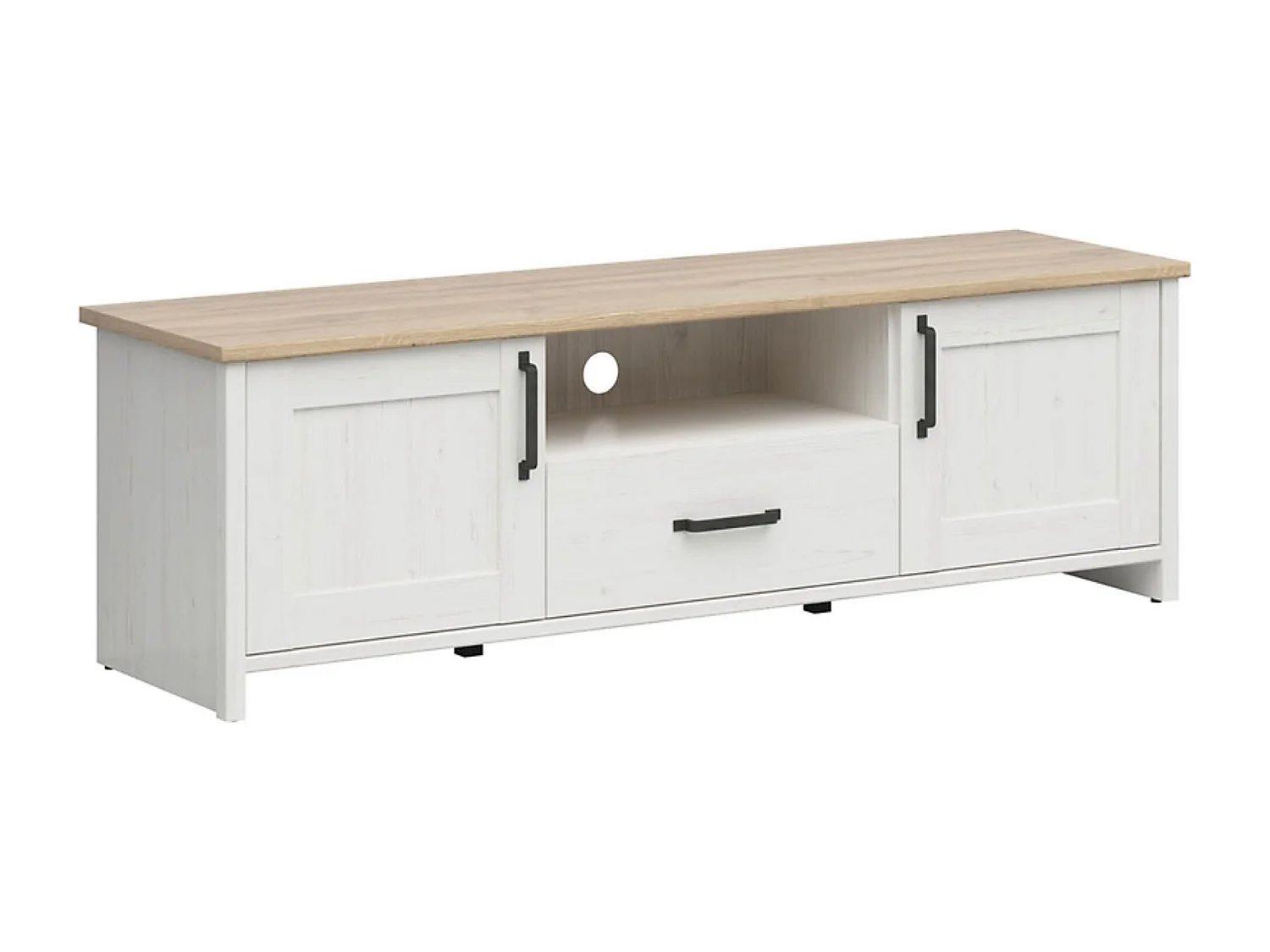 Meuble TV avec 2 portes et un tiroir, coloris Blanc pin andersen/Chêne clair - Longueur 160 x Profondeur 44 x Hauteur 50,5 cm