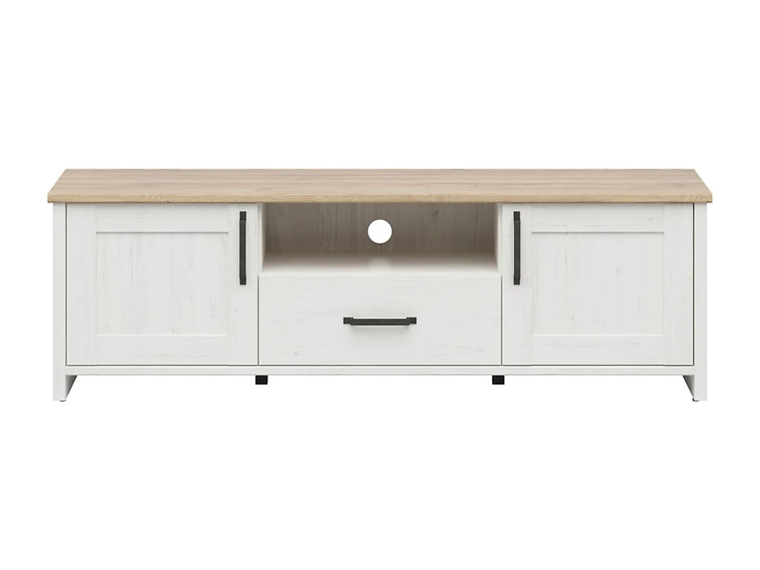 Meuble TV avec 2 portes et un tiroir, coloris Blanc pin andersen/Chêne clair - Longueur 160 x Profondeur 44 x Hauteur 50,5 cm