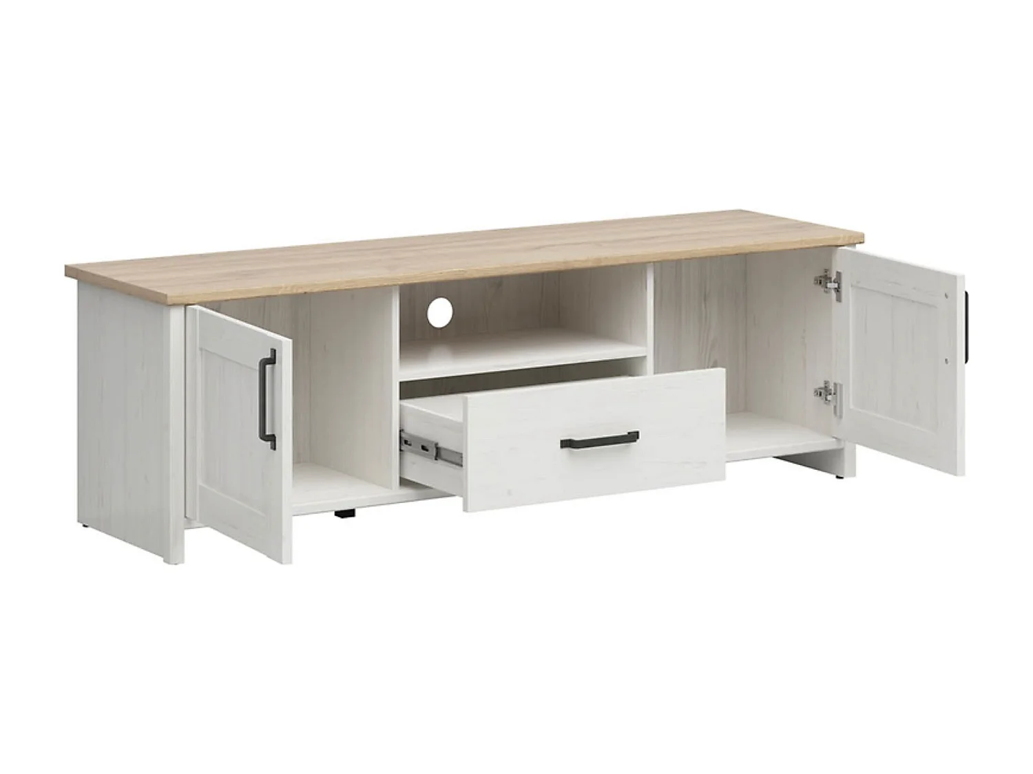 Meuble TV avec 2 portes et un tiroir, coloris Blanc pin andersen/Chêne clair - Longueur 160 x Profondeur 44 x Hauteur 50,5 cm