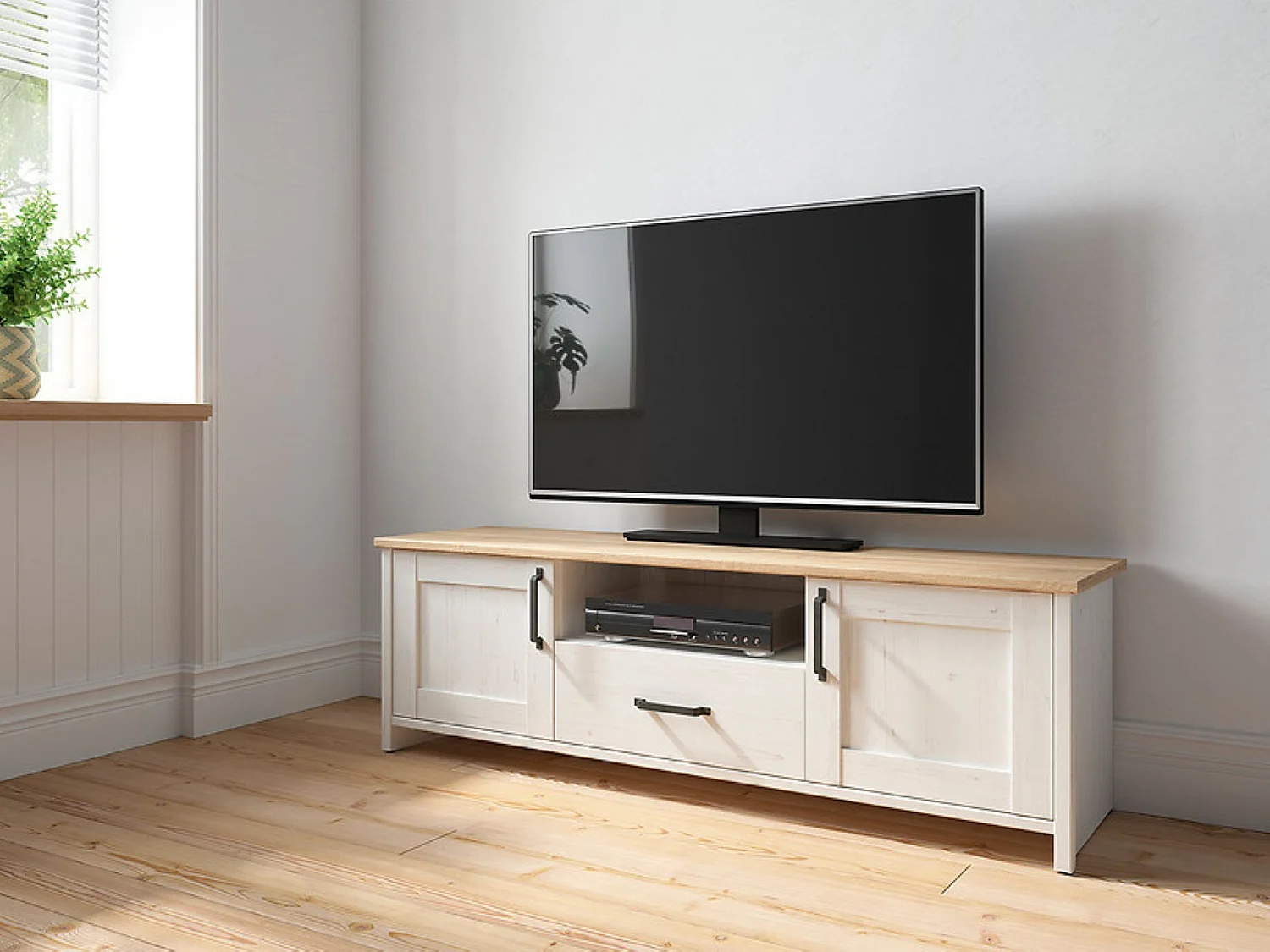 Meuble TV avec 2 portes et un tiroir, coloris Blanc pin andersen/Chêne clair - Longueur 160 x Profondeur 44 x Hauteur 50,5 cm