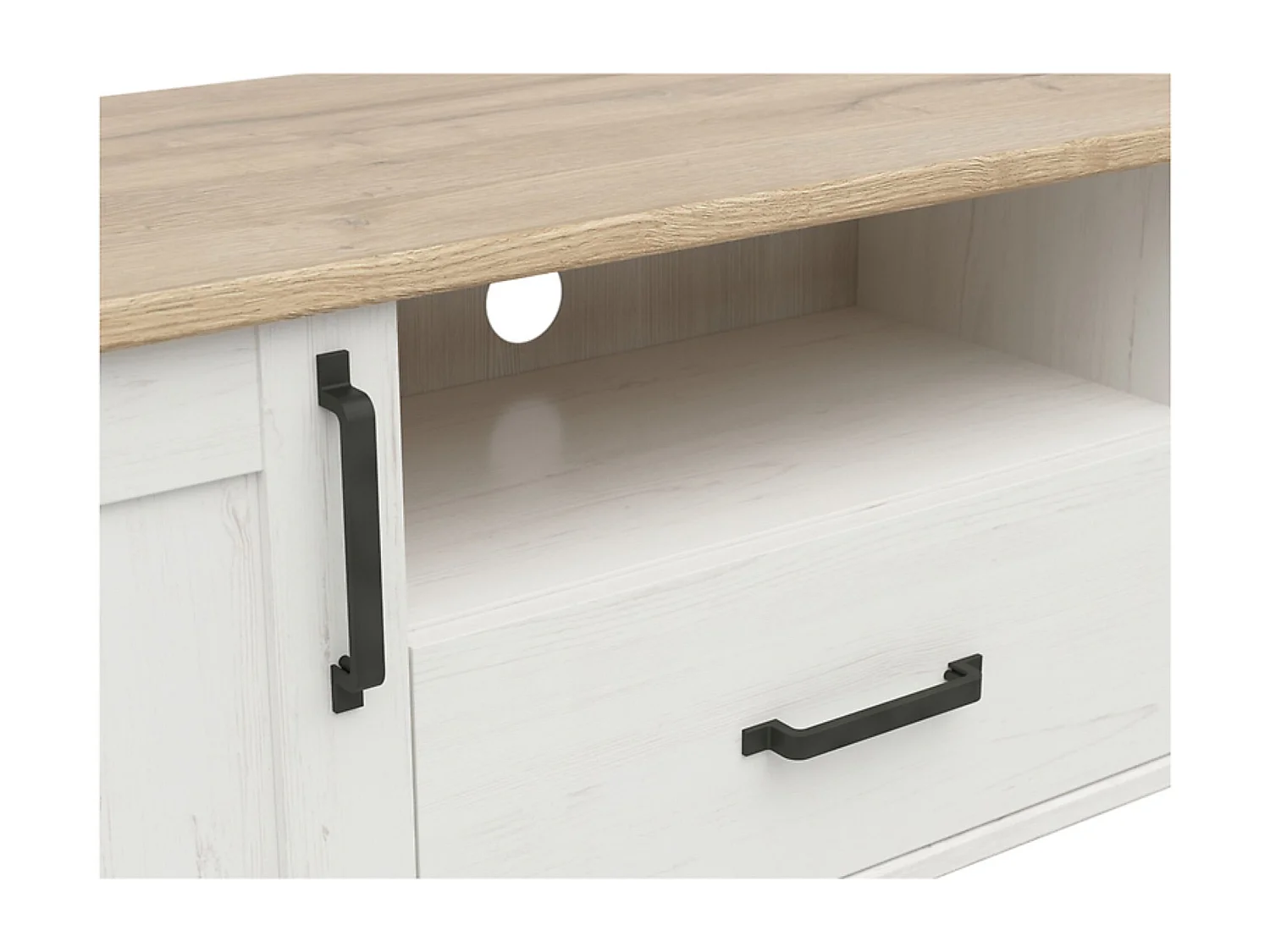 Meuble TV avec 2 portes et un tiroir, coloris Blanc pin andersen/Chêne clair - Longueur 160 x Profondeur 44 x Hauteur 50,5 cm