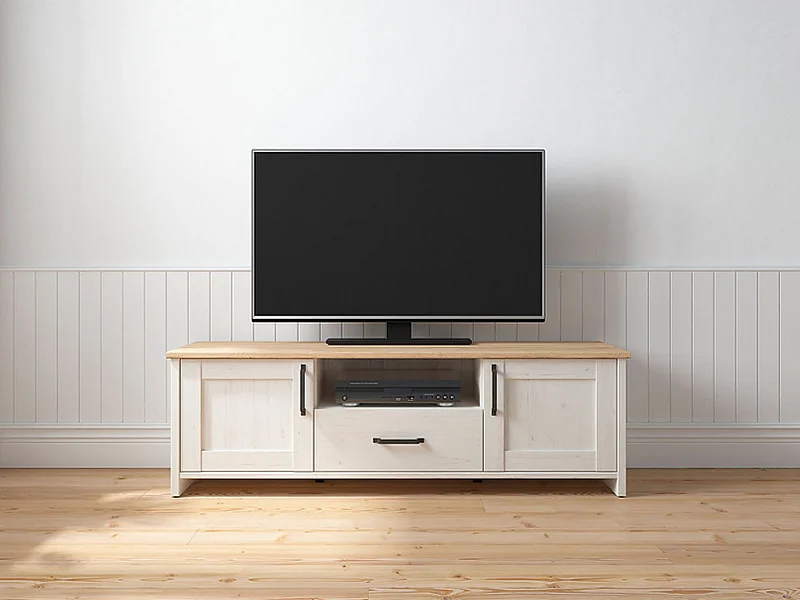 Meuble TV avec 2 portes et un tiroir, coloris Blanc pin andersen/Chêne clair - Longueur 160 x Profondeur 44 x Hauteur 50,5 cm