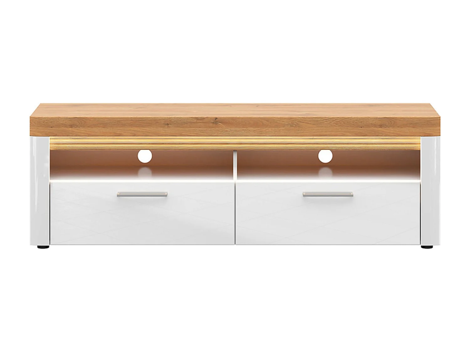 Meuble TV à 2 tiroirs avec éclairage LED coloris Chêne doré/Blanc haute brillance - Longueur 166 x Profondeur 42 x Hauteur 54 cm