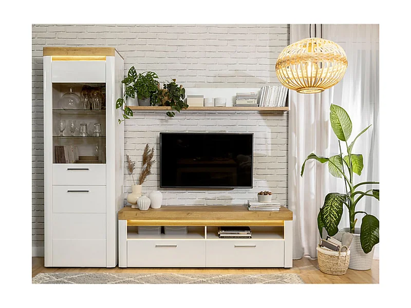 Meuble TV à 2 tiroirs avec éclairage LED coloris Chêne doré/Blanc haute brillance - Longueur 166 x Profondeur 42 x Hauteur 54 cm
