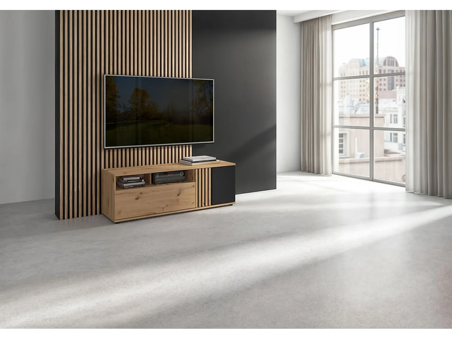 Meuble TV à 1 porte et tiroir avec décor lamelles,coloris Chêne artisan/Noir - Longueur 135,5 x Profondeur 40 x Hauteur 46,5 cm