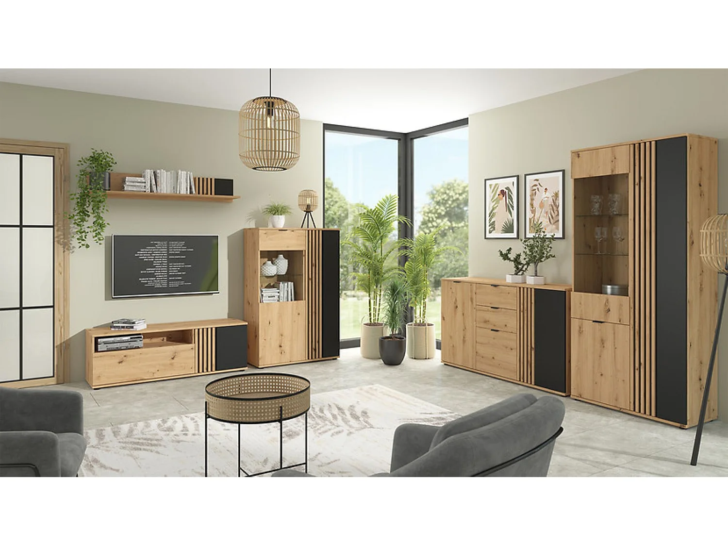 Meuble TV à 1 porte et tiroir avec décor lamelles,coloris Chêne artisan/Noir - Longueur 135,5 x Profondeur 40 x Hauteur 46,5 cm