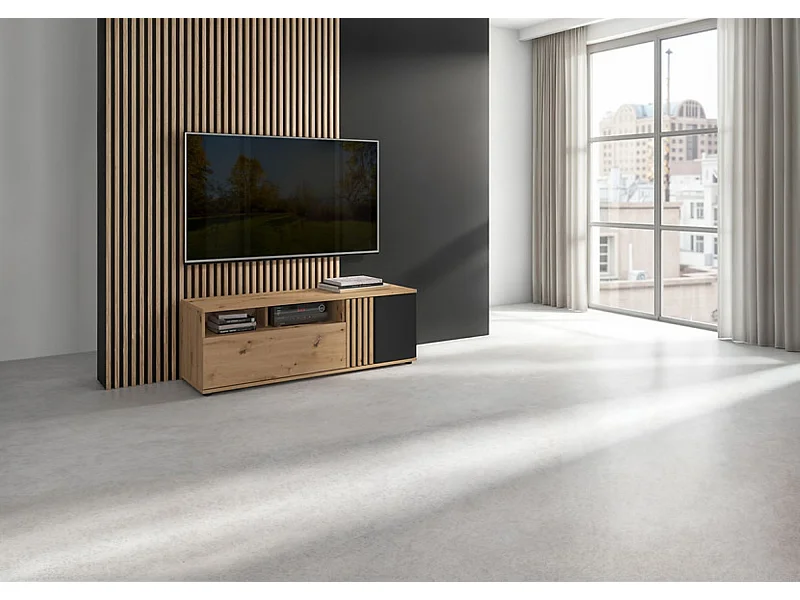 Meuble TV à 1 porte et tiroir avec décor lamelles,coloris Chêne artisan/Noir - Longueur 135,5 x Profondeur 40 x Hauteur 46,5 cm
